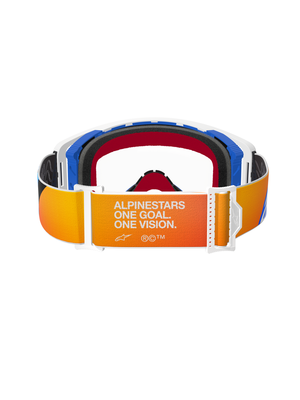Alpinestars Supertech Corp Goggles, motorcrossbril, blauw, oranje en transparant, achteraanzicht met een oranje-geel verlopende band met witte 'ALPINESTARS ONE GOAL. ONE VISION.' tekst, witte gespen en blauwe frame-accenten.