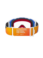 Alpinestars Supertech Corp Goggles, motorcrossbril, blauw, oranje en transparant, achteraanzicht met een oranje-geel verlopende band met witte 'ALPINESTARS ONE GOAL. ONE VISION.' tekst, witte gespen en blauwe frame-accenten.
