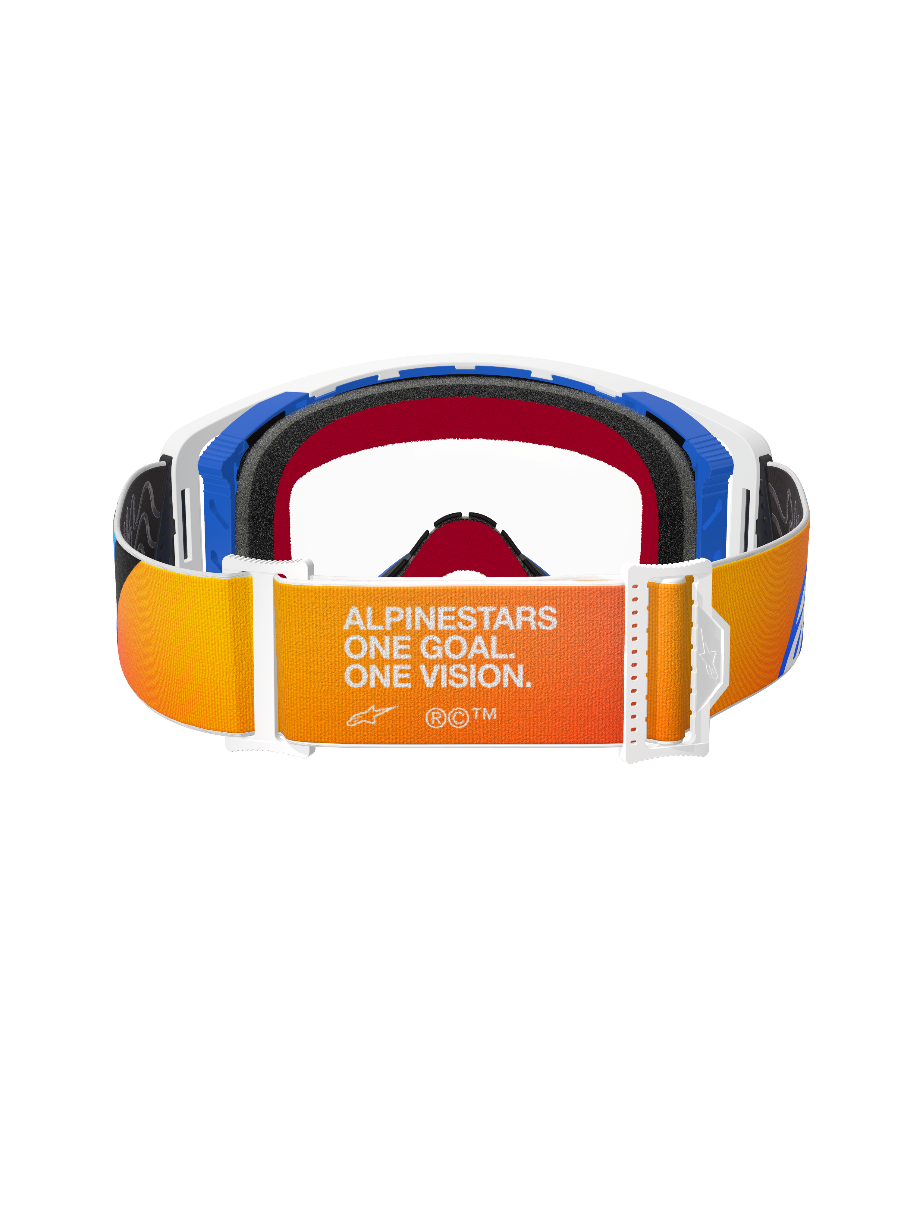 Alpinestars Supertech Corp Goggles, motorcrossbril, blauw, oranje en transparant, achteraanzicht met een oranje-geel verlopende band met witte 'ALPINESTARS ONE GOAL. ONE VISION.' tekst, witte gespen en blauwe frame-accenten.