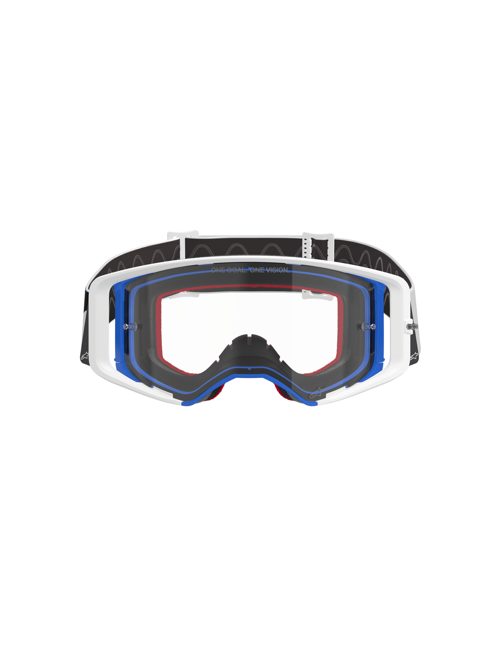 Alpinestars Supertech Corp Goggles, motocrossbril, blauw, wit en oranje met heldere lens, zwarte band met wit logo, professionele off-road racebril met breed gezichtsveld en dubbel geïnjecteerd frame-ontwerp