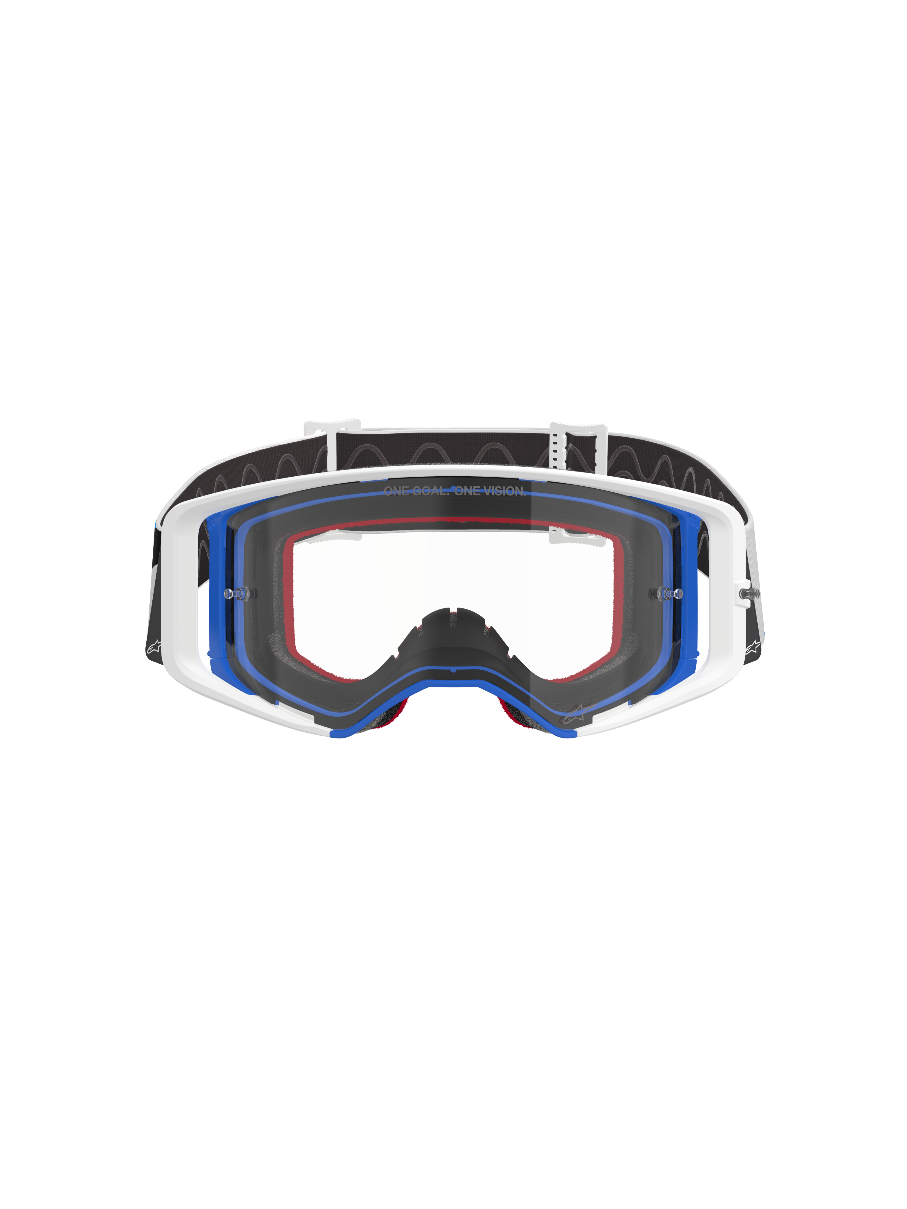 Alpinestars Supertech Corp Goggles, motocrossbril, blauw, wit en oranje met heldere lens, zwarte band met wit logo, professionele off-road racebril met breed gezichtsveld en dubbel geïnjecteerd frame-ontwerp