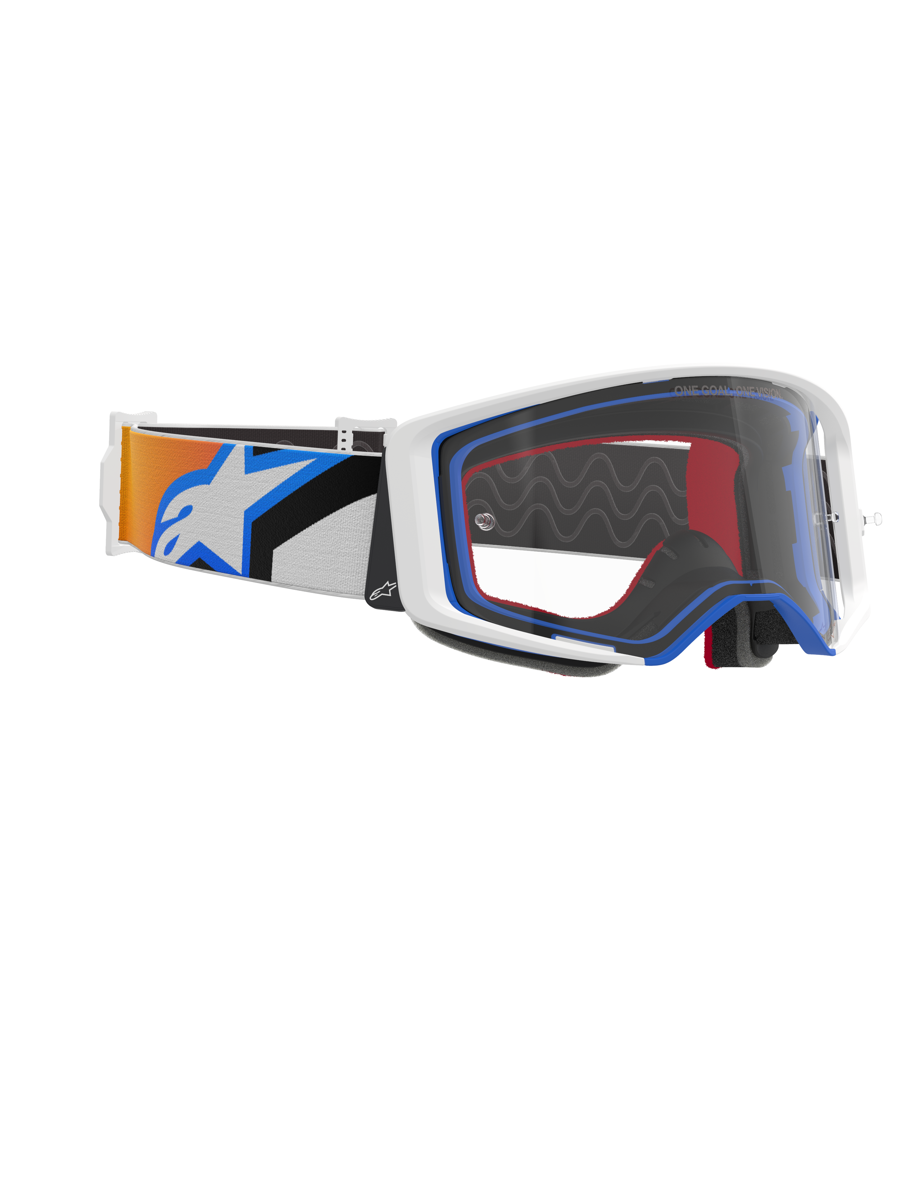 Alpinestars Supertech Corp Goggles, motorcrossbril, blauw, oranje en helder, zijaanzicht met heldere lens, wit frame met blauwe en rode accenten, en brede band met oranje en blauwe graphics en groot wit Alpinestars-logo.