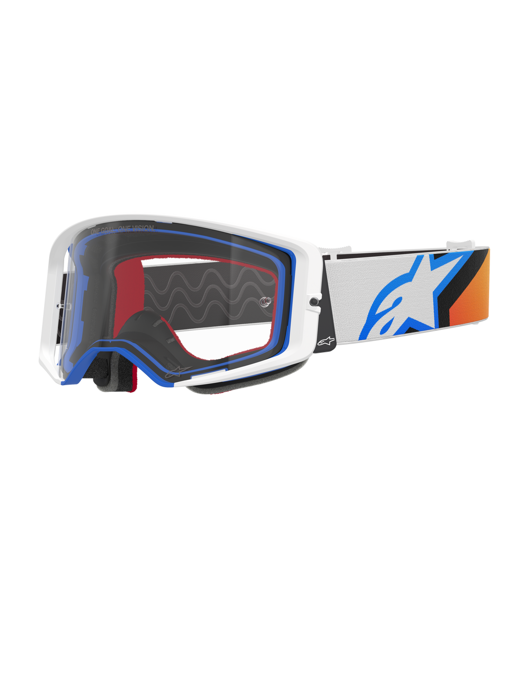 Alpinestars Supertech Corp Goggles, motorcrossbril, blauw, oranje en wit, heldere lens met wit frame en blauwe accenten, brede band met Alpinestars sterlogo en siliconen grip, hoogwaardige beschermende eyewear voor off-road racing