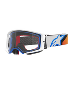 Alpinestars Supertech Corp Goggles, motorcrossbril, blauw, oranje en wit, heldere lens met wit frame en blauwe accenten, brede band met Alpinestars sterlogo en siliconen grip, hoogwaardige beschermende eyewear voor off-road racing