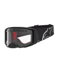 Alpinestars Masque Supertech Dura Air Fluid, masque de motocross noir et argenté, lentille claire et large bandeau à logo.