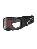 Alpinestars Supertech Dura Air Fluid veiligheidsbril voor motocross, zwart en zilver met heldere lens en brede logoband.