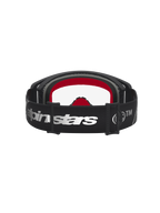 Alpinestars Supertech Dura Air Fluid veiligheidsbril, motorcrossbril in zwart en zilver met heldere lens en rode padding.