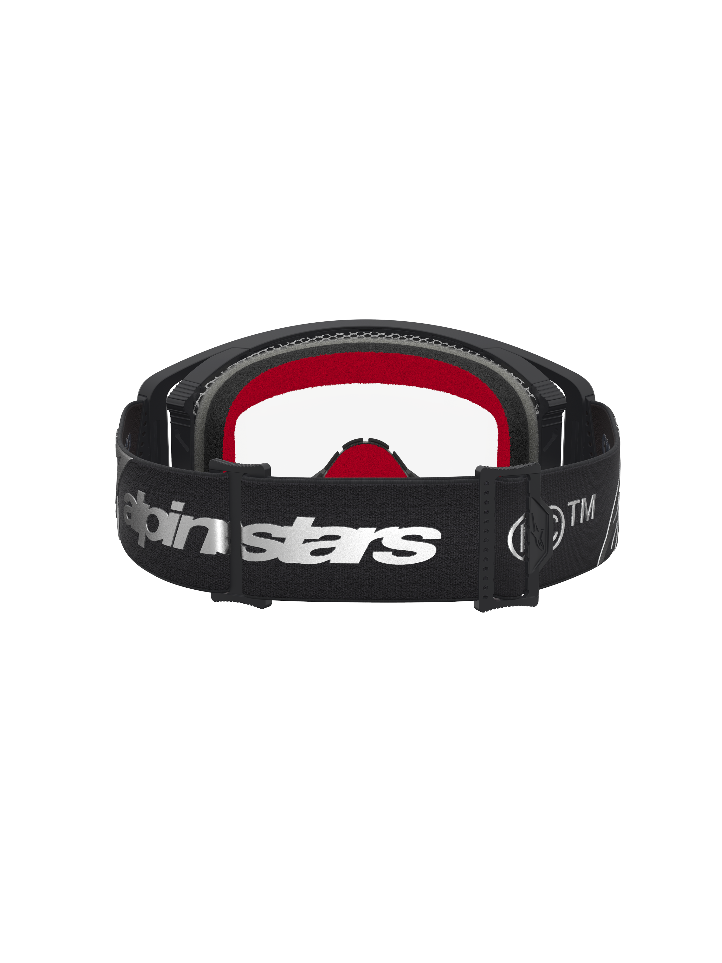 Alpinestars Supertech Dura Air Fluid veiligheidsbril, motorcrossbril in zwart en zilver met heldere lens en rode padding.