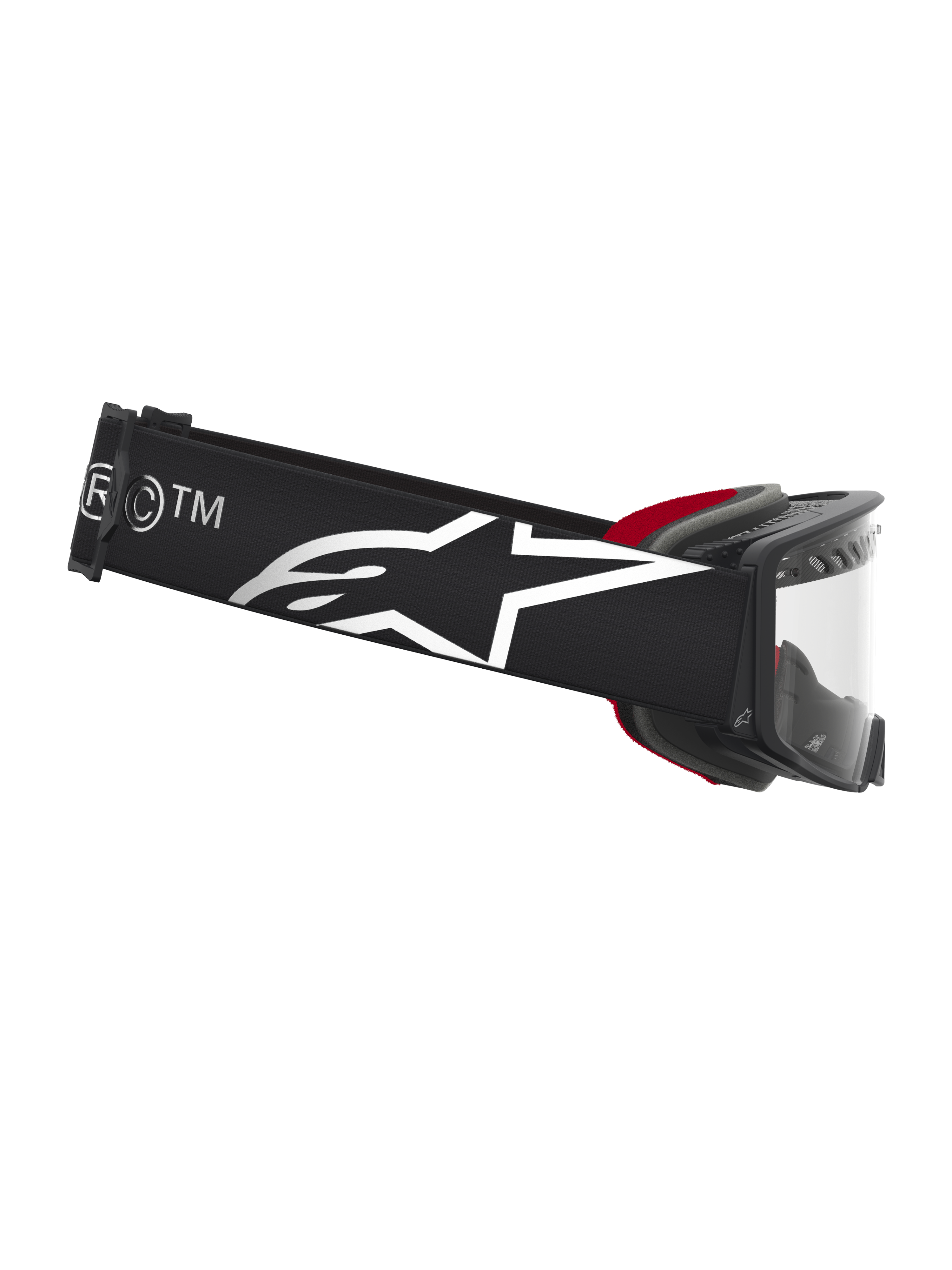 Alpinestars Supertech Dura Air Fluid veiligheidsbril voor motocross, zwart en zilver, helder vizier en logoband.