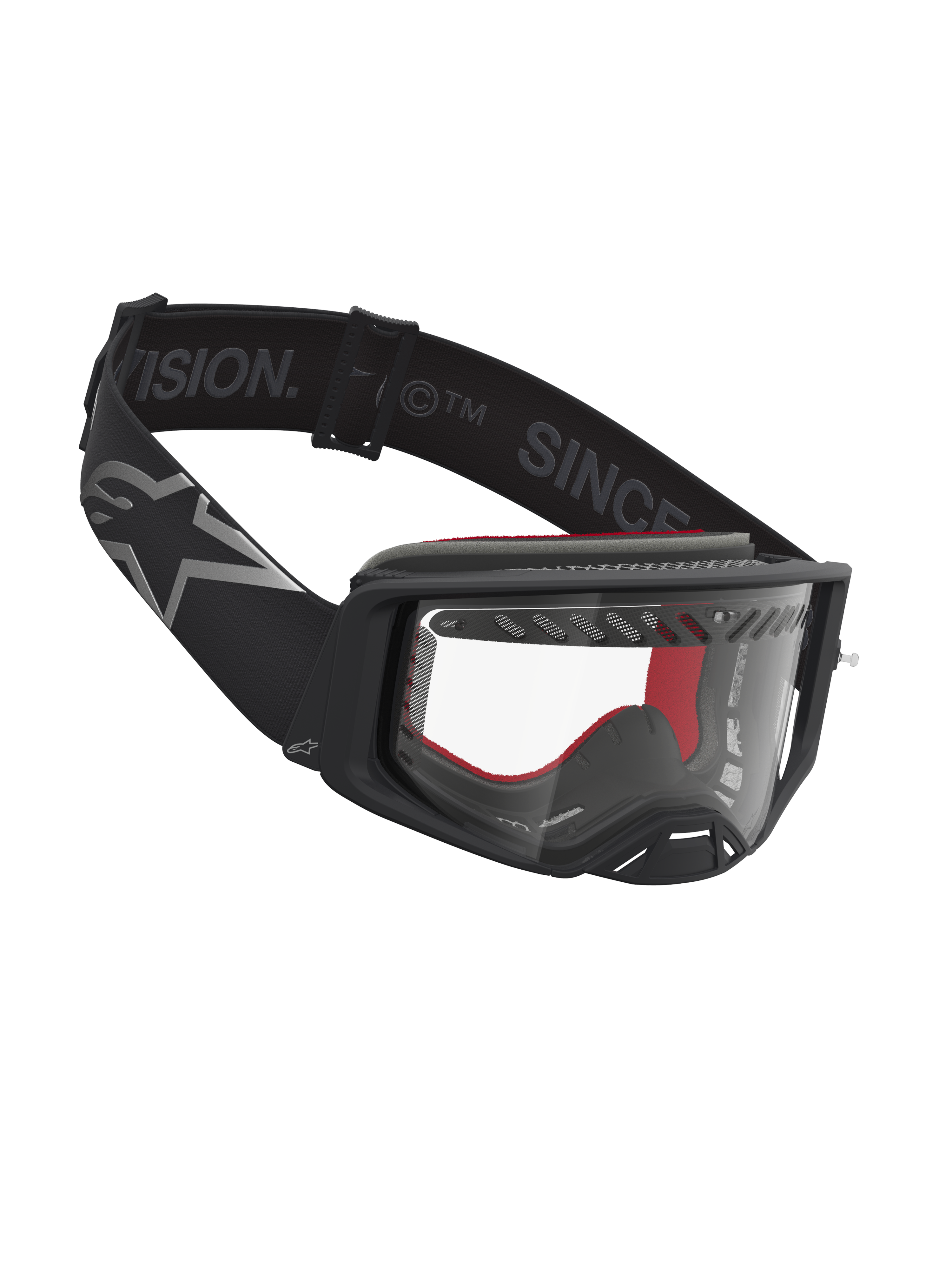 Alpinestars Supertech Dura Air Fluid veiligheidsbril, motocrossbril in zwart en zilver met een heldere polycarbonaatlens.