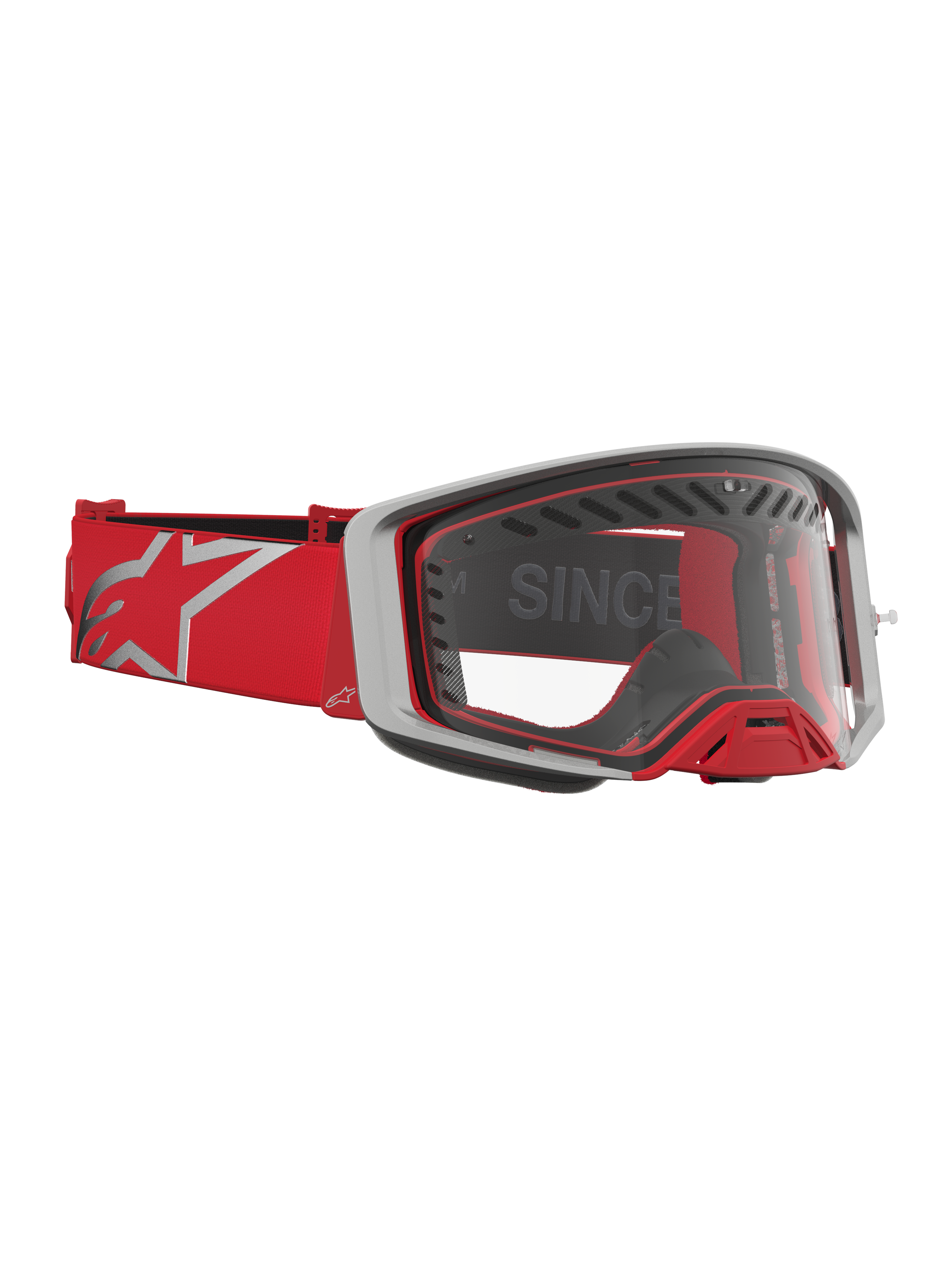 Alpinestars Supertech Dura Air Fluid veiligheidsbril in rood en zilver met helder vizier en ventilatie.
