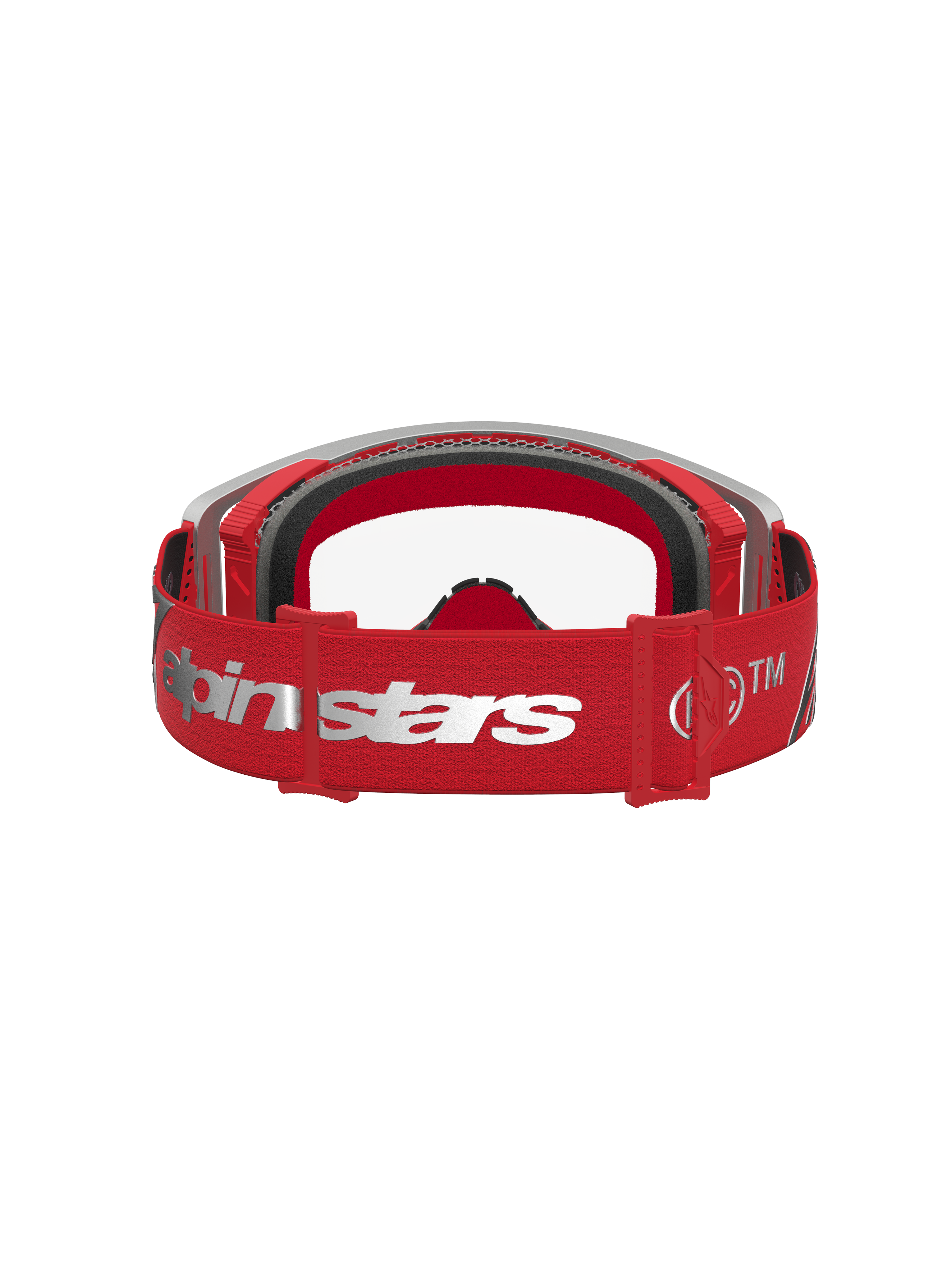 Alpinestars Supertech Dura Air Fluid veiligheidsbril, rode en zilveren crossbril met verstelbare logoband en foamvulling.