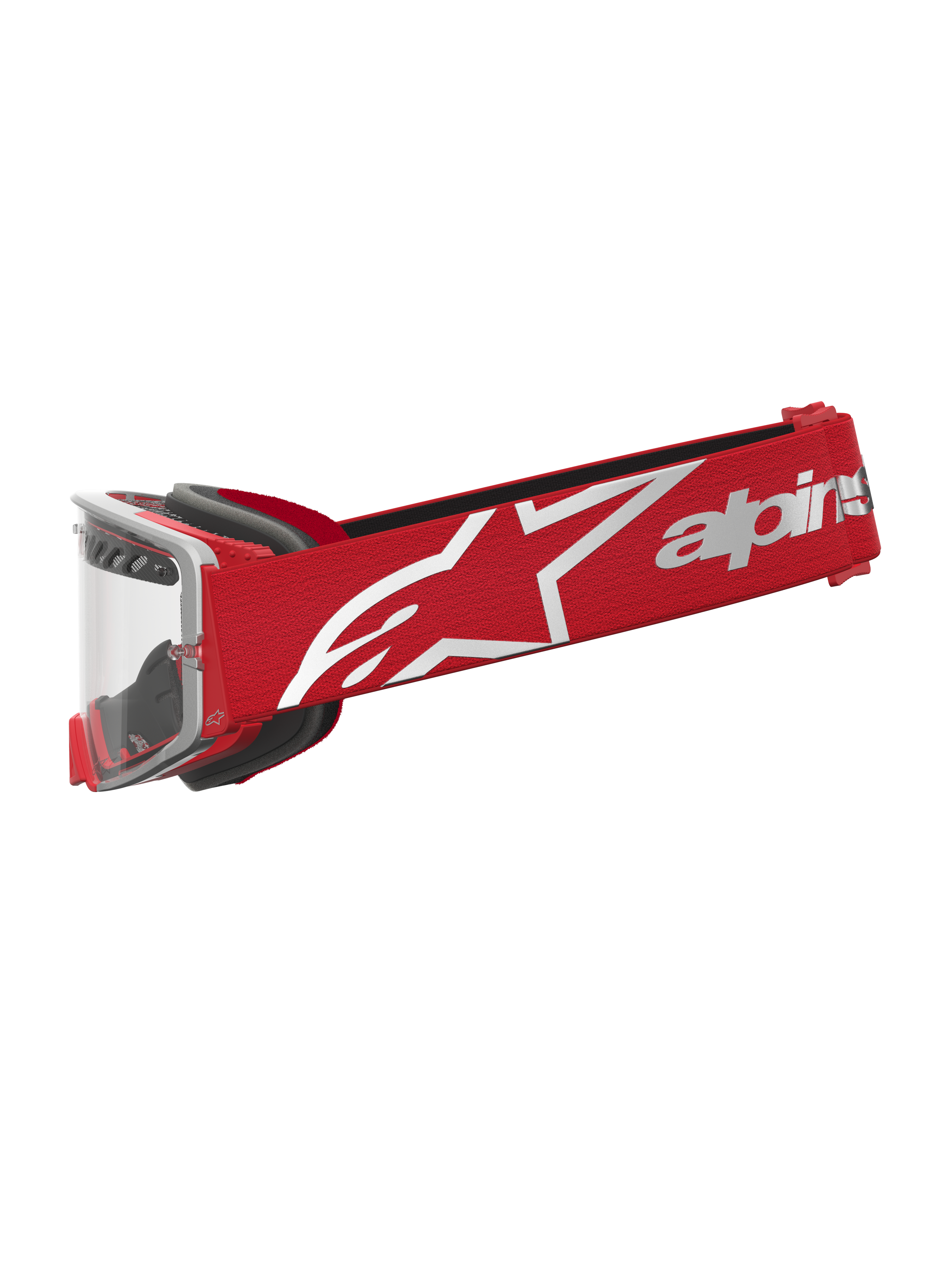 Alpinestars Supertech Dura Air Fluid veiligheidsbril, rood en zilver, motorcrossbril met heldere lens en witte logoband.