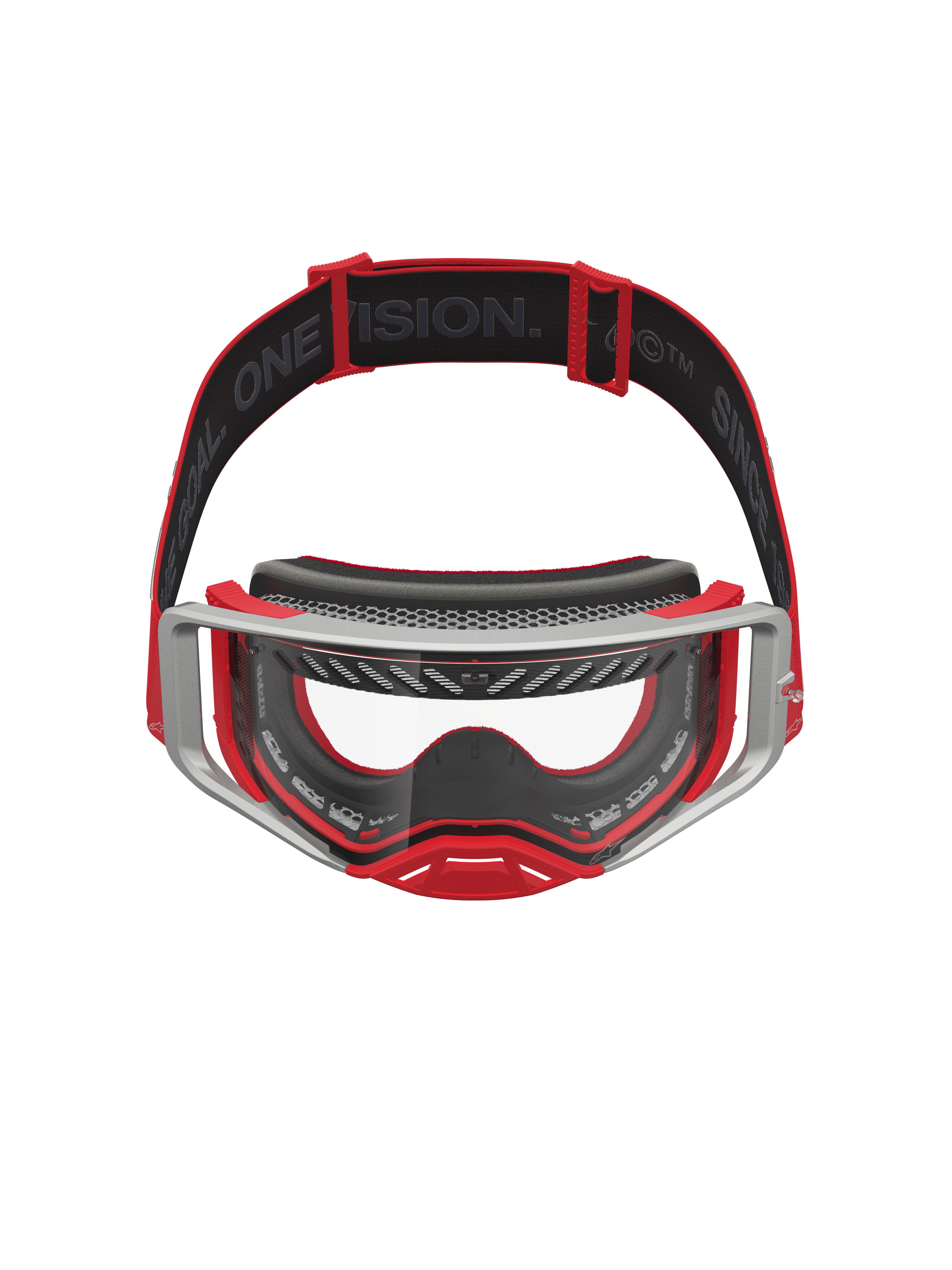Alpinestars Supertech Dura Air Fluid veiligheidsbril, rood en zilver, motocrossbril met heldere lens en ventilatiesysteem.