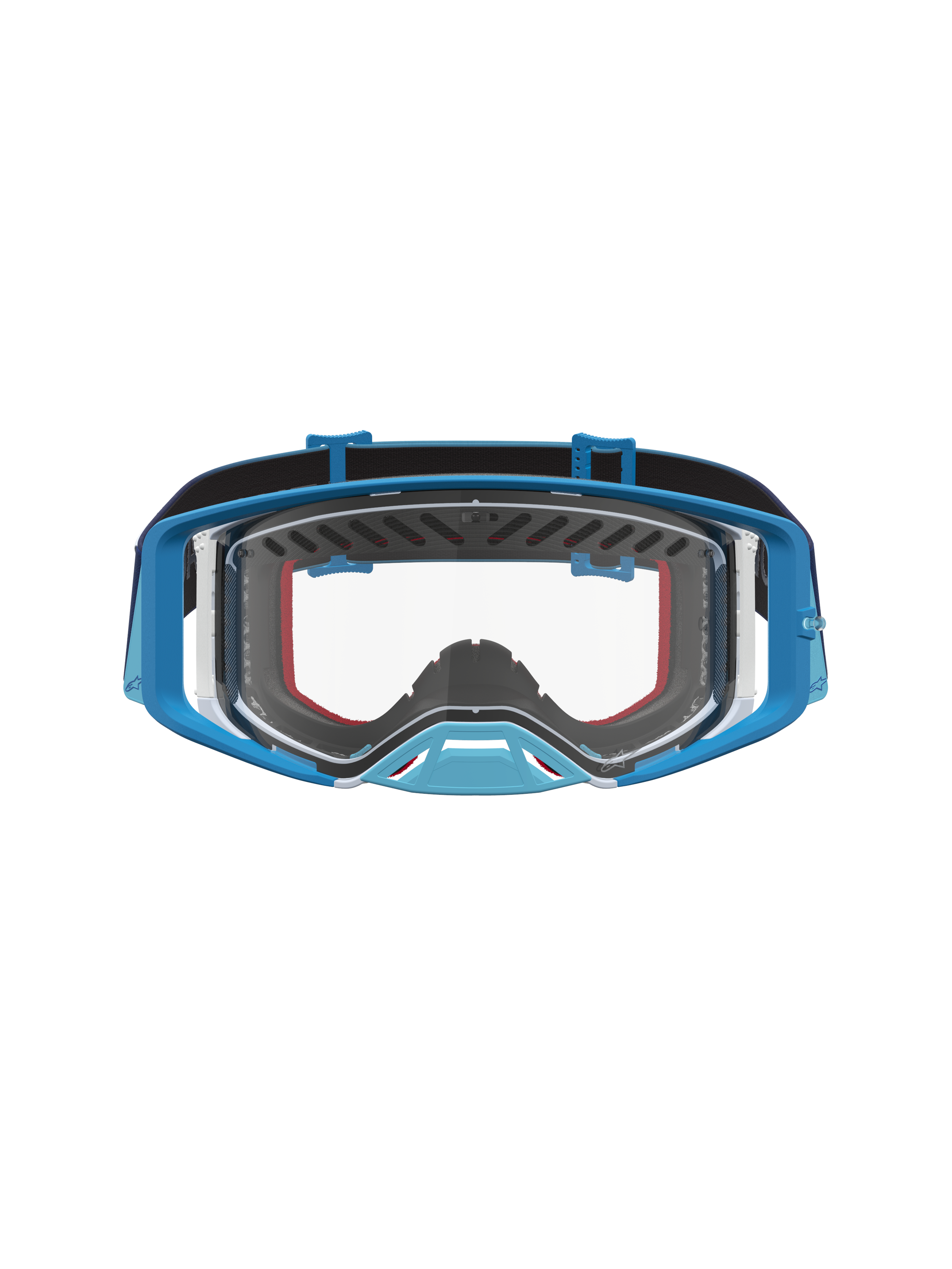 Alpinestars Supertech Dura Air Schutzbrille Fluid in Blau und Grau für Motocross mit einer klaren Scheibe.