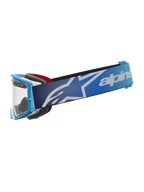 Alpinestars Supertech Dura Air Fluid Schutzbrille, Motocross-Brille in Blau, silberne klare Scheibe, Logo-Band, Offroad.