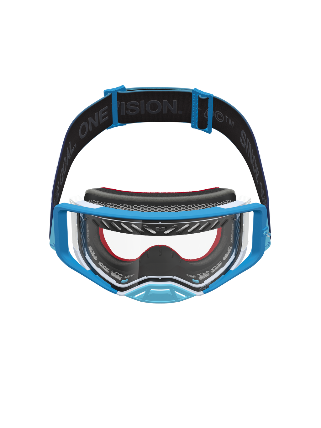 Alpinestars Supertech Dura Air Fluid Schutzbrille, Motocross-Brille in Blau und Weiß, klare Scheibe und Marken-Gurt.
