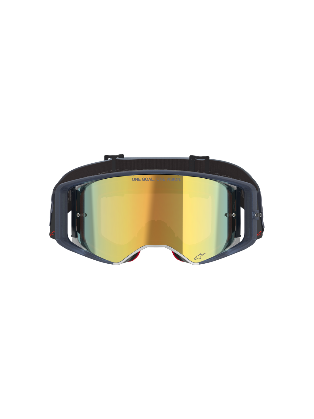 Alpinestars Supertech Vision Vista Goggles, Motocross Goggles, Black Mirror Gold, front view featuring a gold mirrored lens and dark frame, professional off-road racing eyewear with "ONE GOAL. ONE VISION." text and logo details.