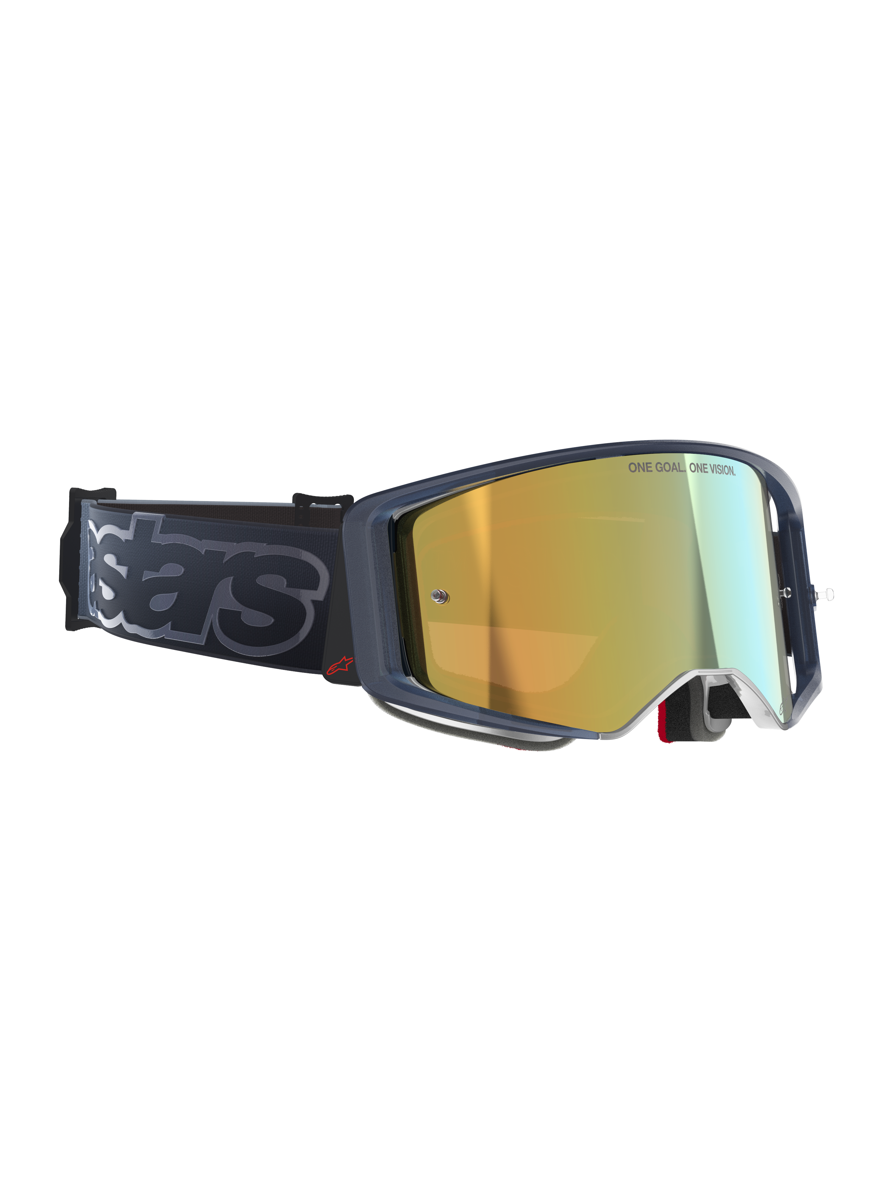 Alpinestars Supertech Vision Vista Goggles, Motocross Goggles, Black Mirror Gold, gold mirrored lens with 'ONE GOAL. ONE VISION.' inscription, dark frame with red logo accent, wide black strap with grey 'stars' branding, elite performance off-road eyewear