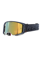 Alpinestars Supertech Vision Vista Goggles, Motocross MX Goggles, Black Mirror Gold colorway, dark translucent frame, gold mirrored lens featuring "ONE GOAL. ONE VISION." text, black strap with large embossed gray "astars" branding