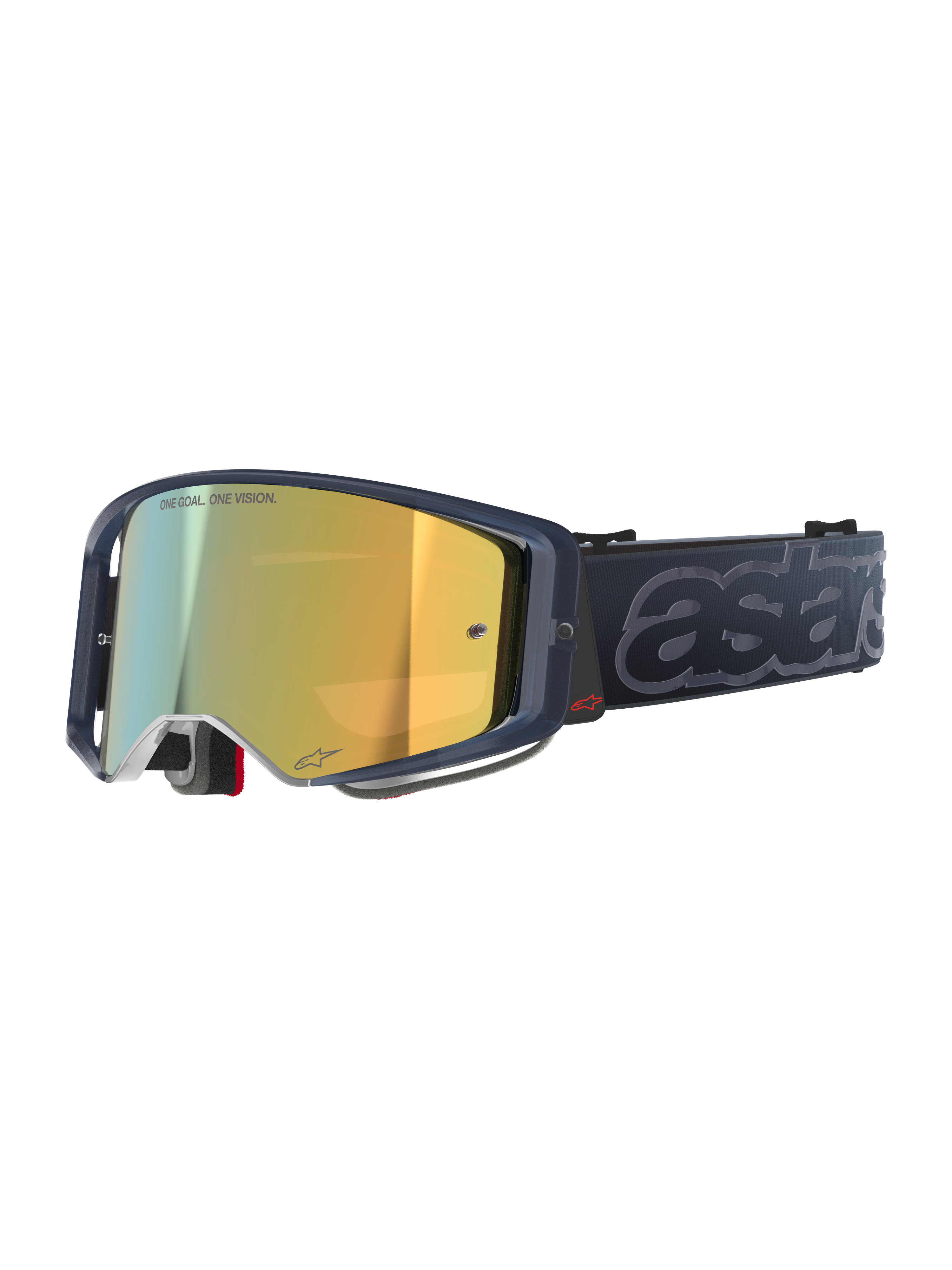 Alpinestars Supertech Vision Vista Goggles, Motocross MX Goggles, Black Mirror Gold colorway, dark translucent frame, gold mirrored lens featuring "ONE GOAL. ONE VISION." text, black strap with large embossed gray "astars" branding