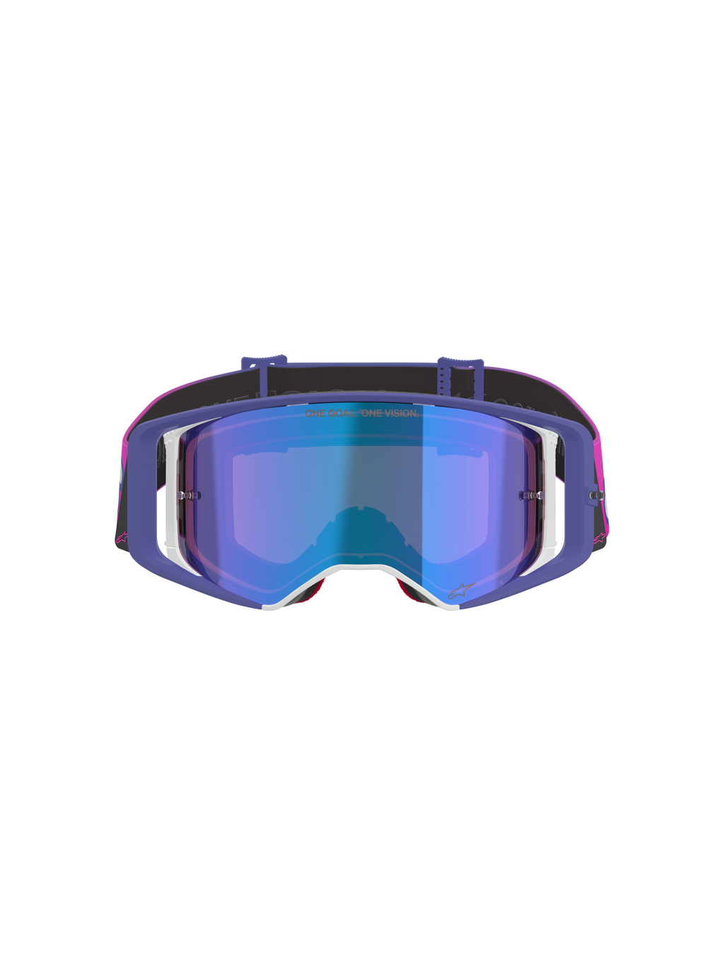 Alpinestars Supertech Vision Vista Goggles, Motocross Goggles, Purple Fluo Pink and Mirror Blue, front-facing view featuring a mirror blue tinted lens, purple frame with white accents, and a vibrant pink and black strap with Alpinestars branding.