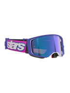 Alpinestars Supertech Vision Vista Goggles, Motocross Goggles, Purple and Fluorescent Pink frame with Mirror Blue reflective lens, pink strap with bold white Alpinestars branding, professional off-road eyewear