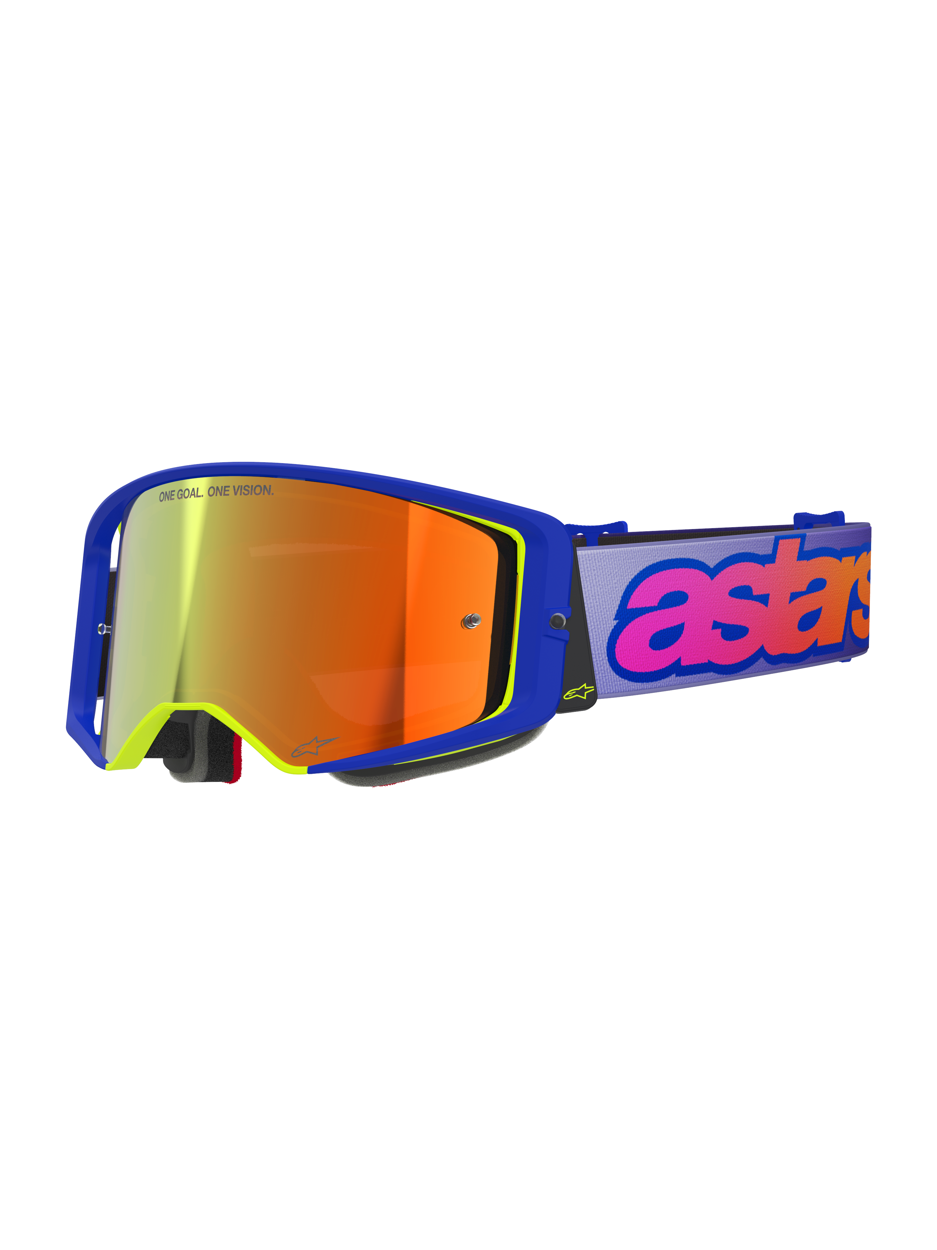 Alpinestars Supertech Vision Vista Goggles, Motocross Goggles, Blue frame with neon yellow accents, Orange-red mirrored lens, Light purple strap with pink and orange 'astars' branding, 'ONE GOAL. ONE VISION.' lens text