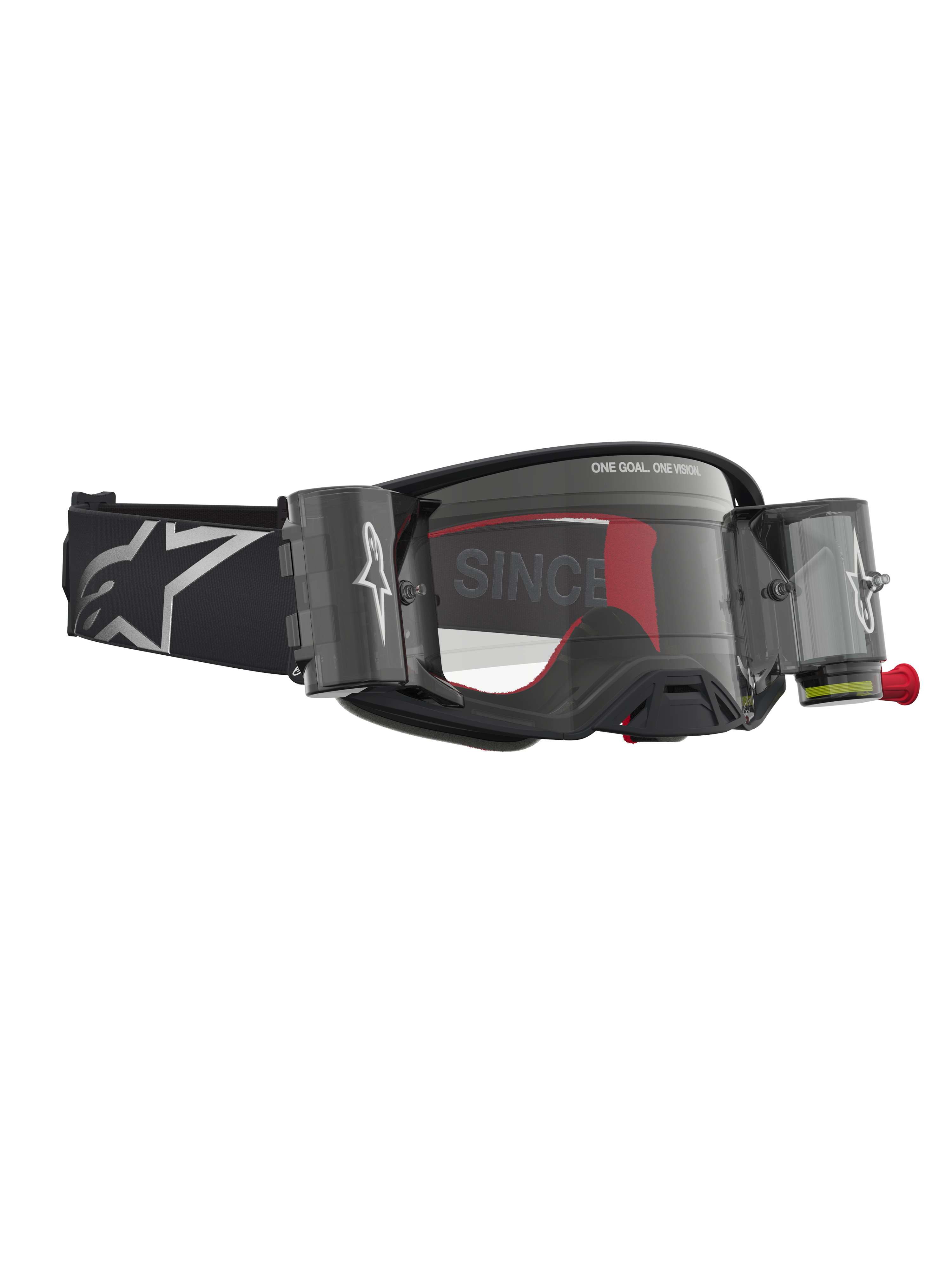 Alpinestars Supertech Firma Roll Off veiligheidsbril, motorcrossbril in zwart en zilver met helder roll-off systeem voor off-road competitie.