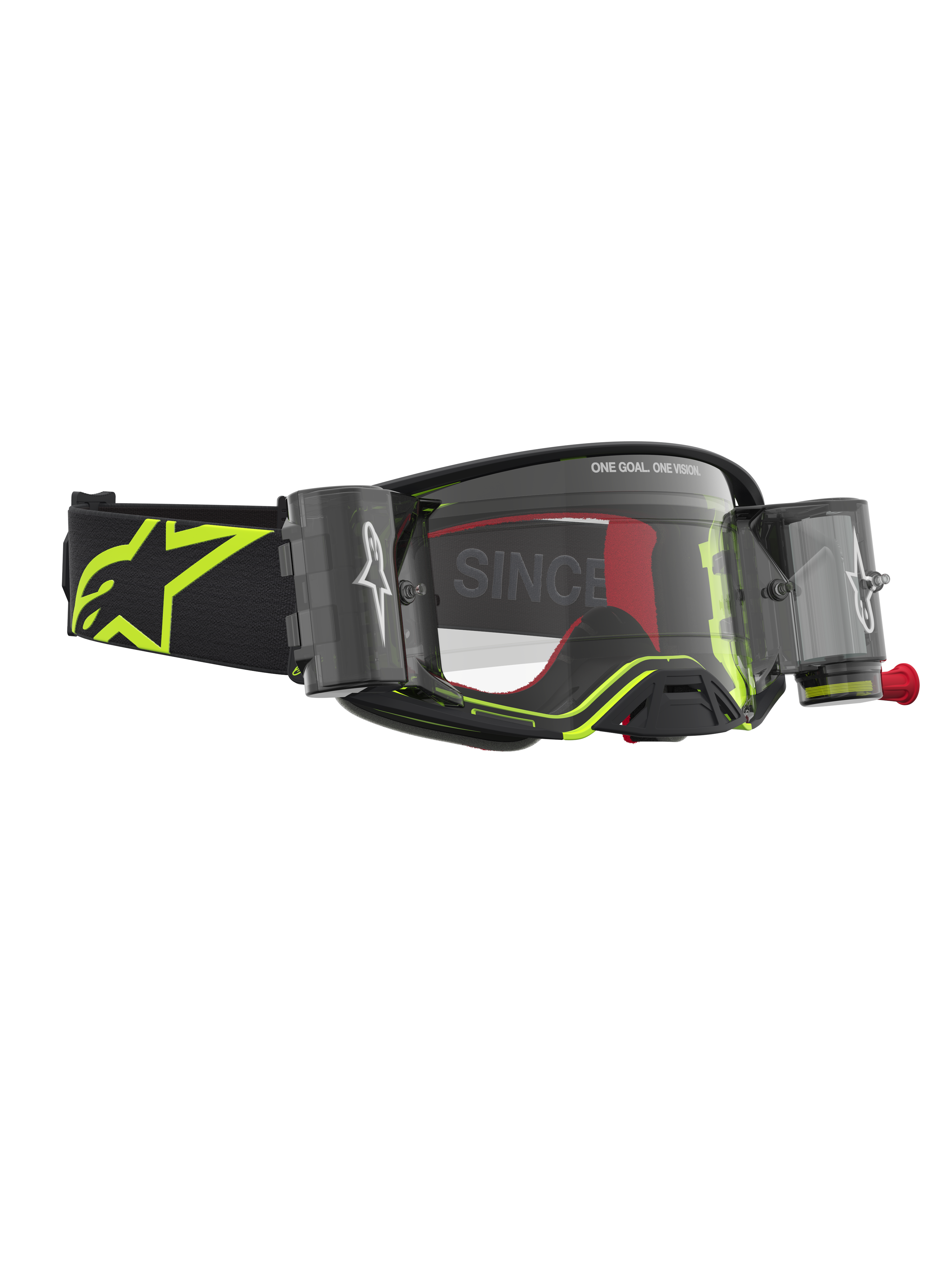 Alpinestars Supertech Firma Roll Off veiligheidsbril, professionele motocrossbril, zwart en fluorgeel, met geïntegreerd roll-off systeem.