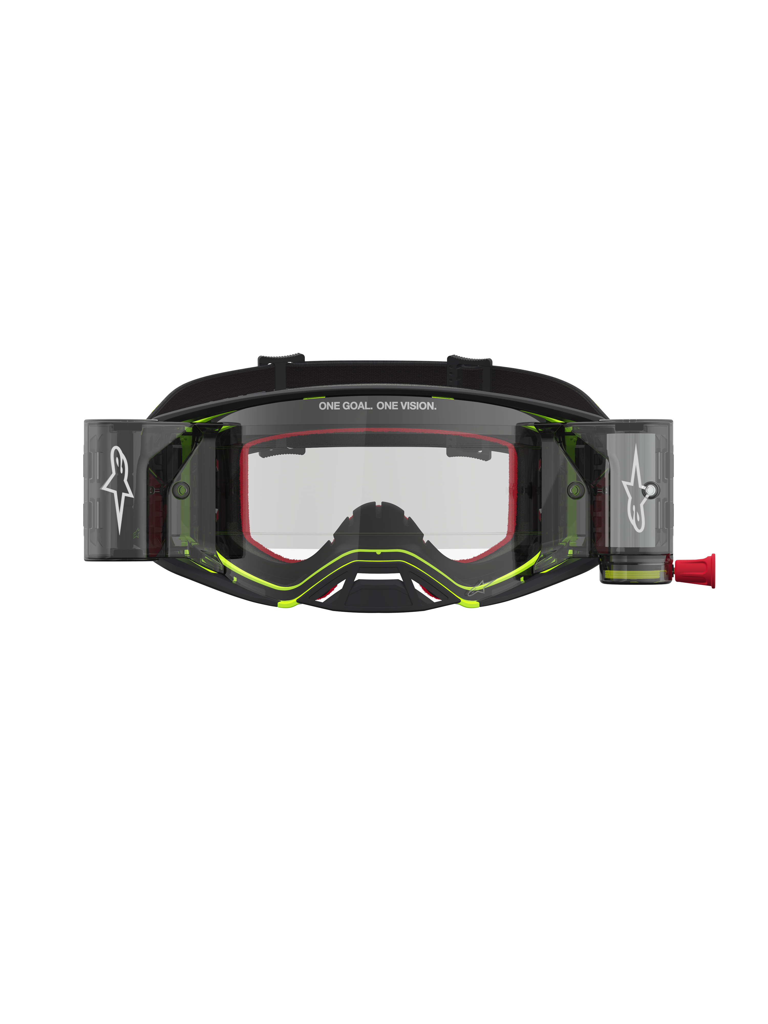 Alpinestars Supertech Firma roll-off veiligheidsbril voor motocross, zwart en fluo geel, voorzien van een heldere beschermende lens en geïntegreerd roll-off systeem voor optimaal zicht in modderige omstandigheden.