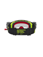 Alpinestars Supertech Firma Roll Off veiligheidsbril, zwart en geel fluo motorcrossbril met brede merkband, achteraanzicht.