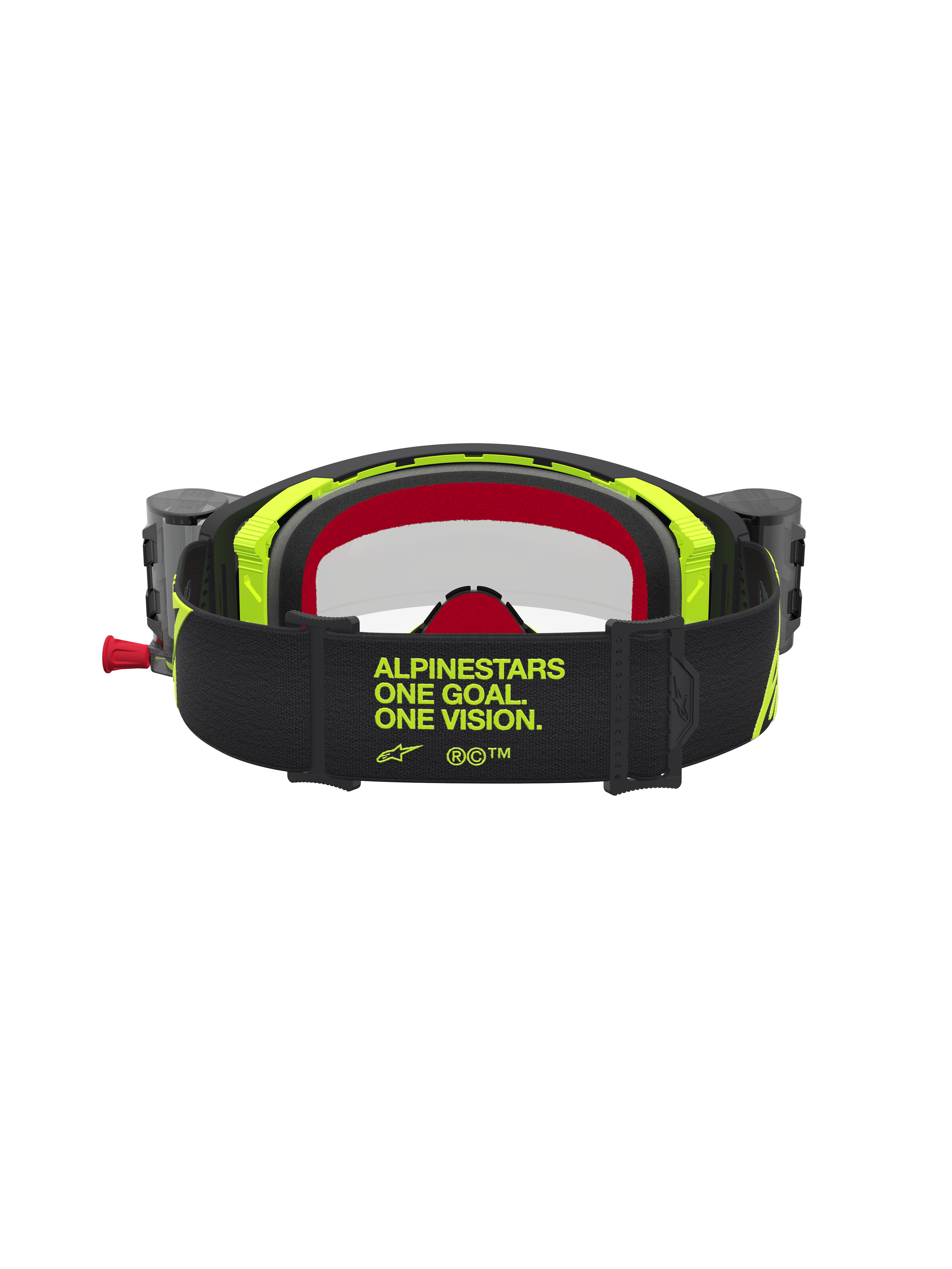 Alpinestars Supertech Firma Roll Off veiligheidsbril, zwart en geel fluo motorcrossbril met brede merkband, achteraanzicht.