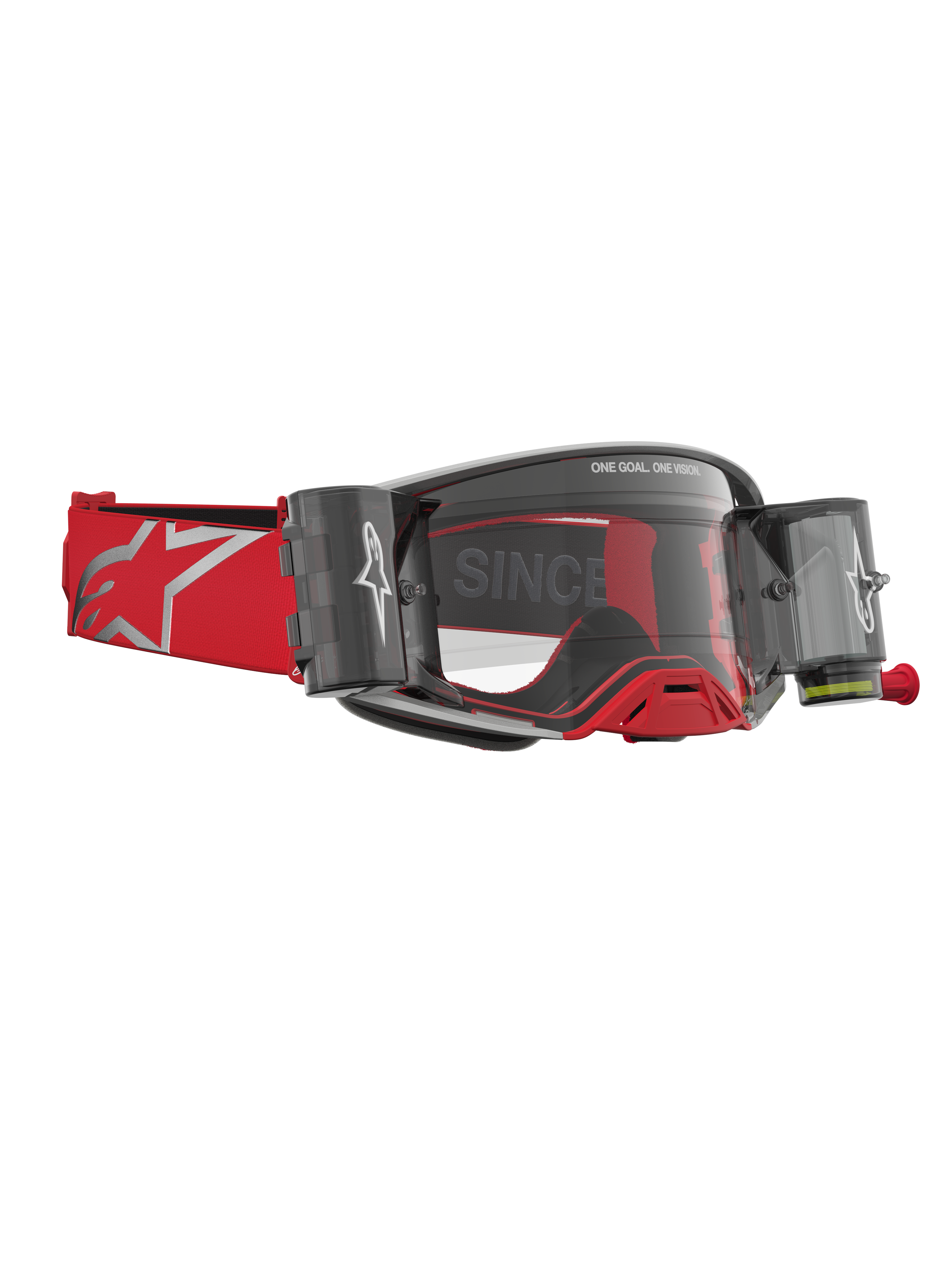 Alpinestars Supertech Firma Roll Off Goggles, red and silver motocross eyewear with integrated roll-off canisters.