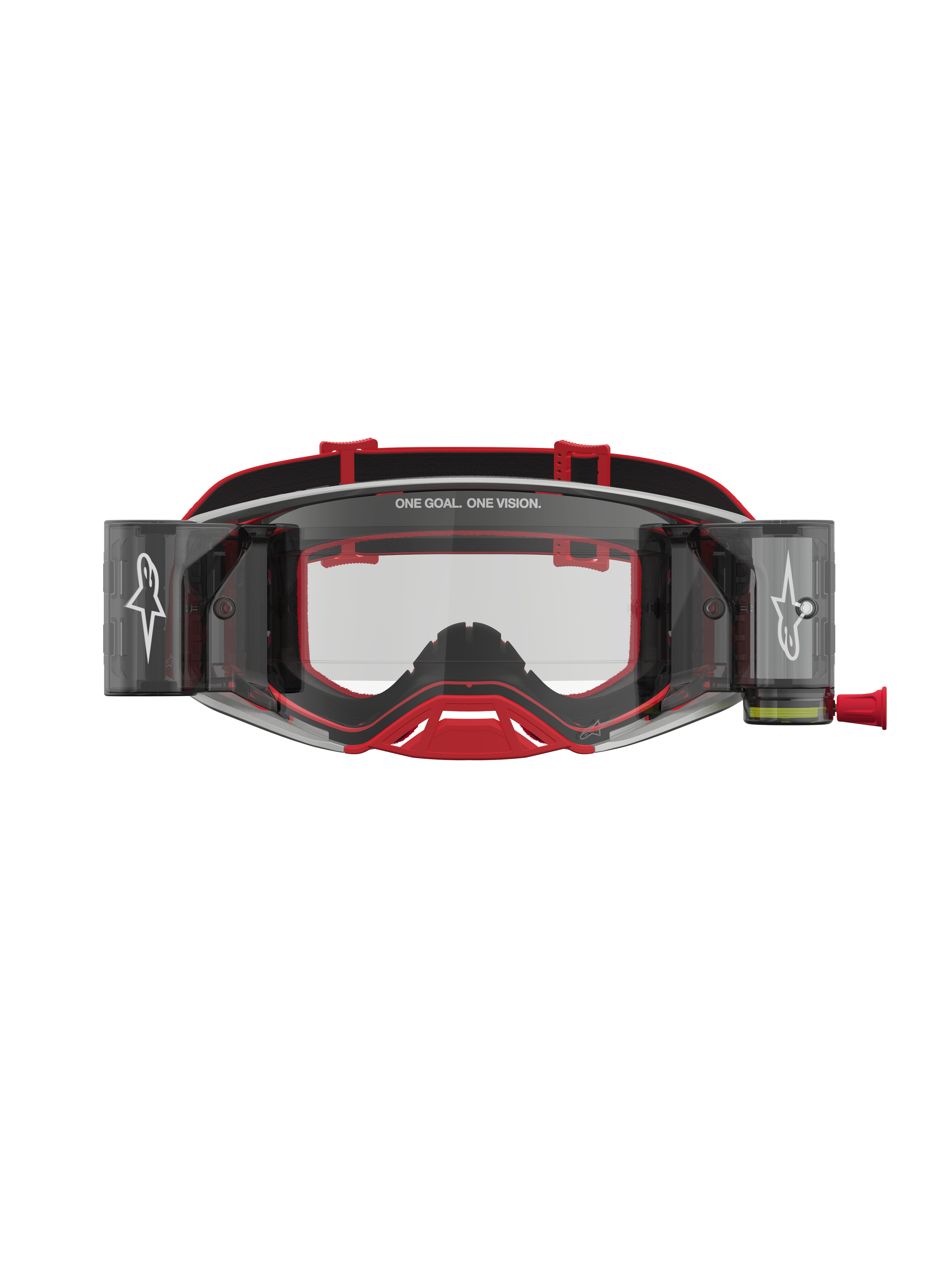 Alpinestars Supertech Firma Roll Off Goggles, red and silver motocross goggles with clear lenses and roll-off system.