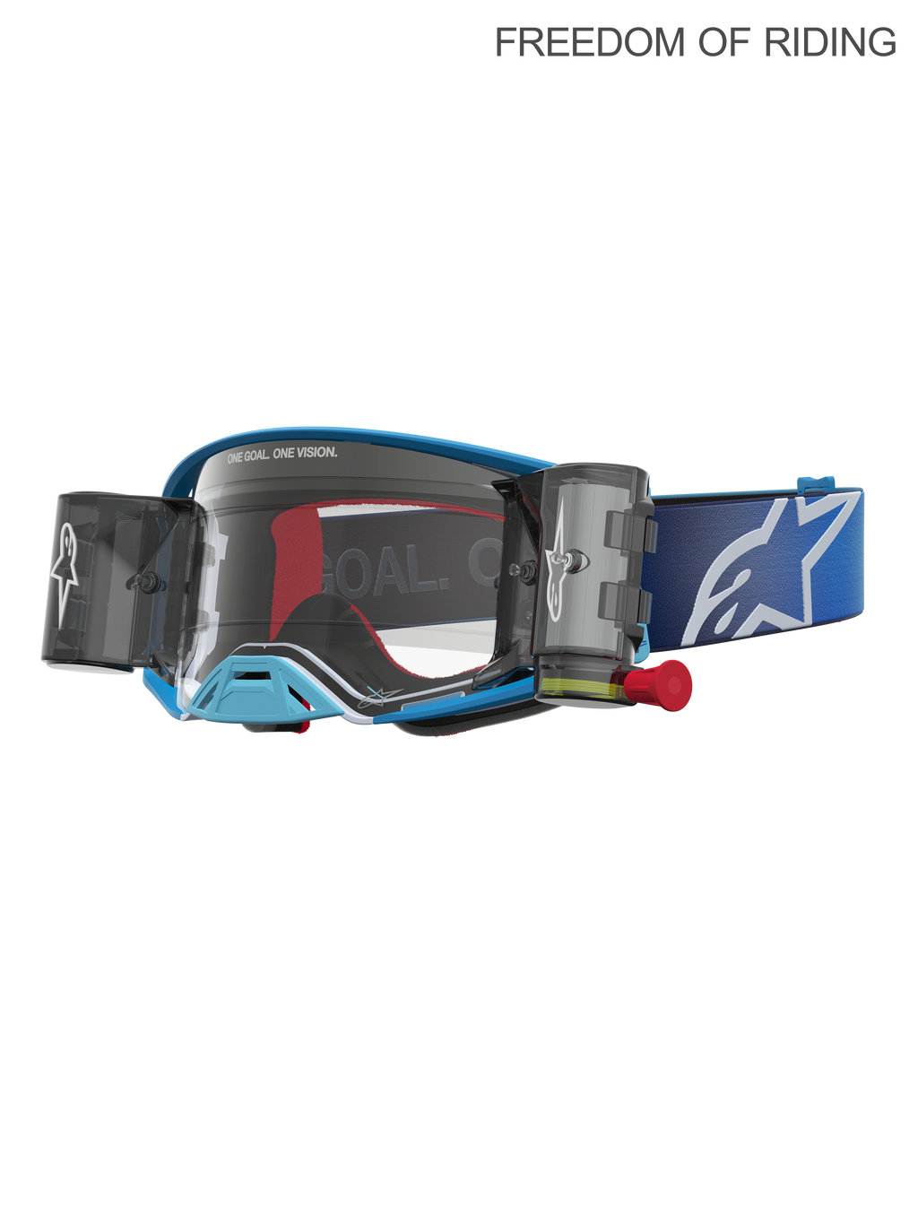 Alpinestars Supertech Firma Roll Off veiligheidsbril, motocross- en off-road racebril, unisex, blauw en zilver, voorzien van een geïntegreerd roll-off systeem voor helder zicht, een heldere polycarbonaatlens en een brede blauwe verstelbare band met wit logo. Ontwikkeld voor Supercross en elite MX-prestaties.