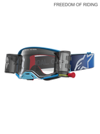 Alpinestars Supertech Firma Roll Off veiligheidsbril, motocross- en off-road racebril, unisex, blauw en zilver, voorzien van een geïntegreerd roll-off systeem voor helder zicht, een heldere polycarbonaatlens en een brede blauwe verstelbare band met wit logo. Ontwikkeld voor Supercross en elite MX-prestaties.