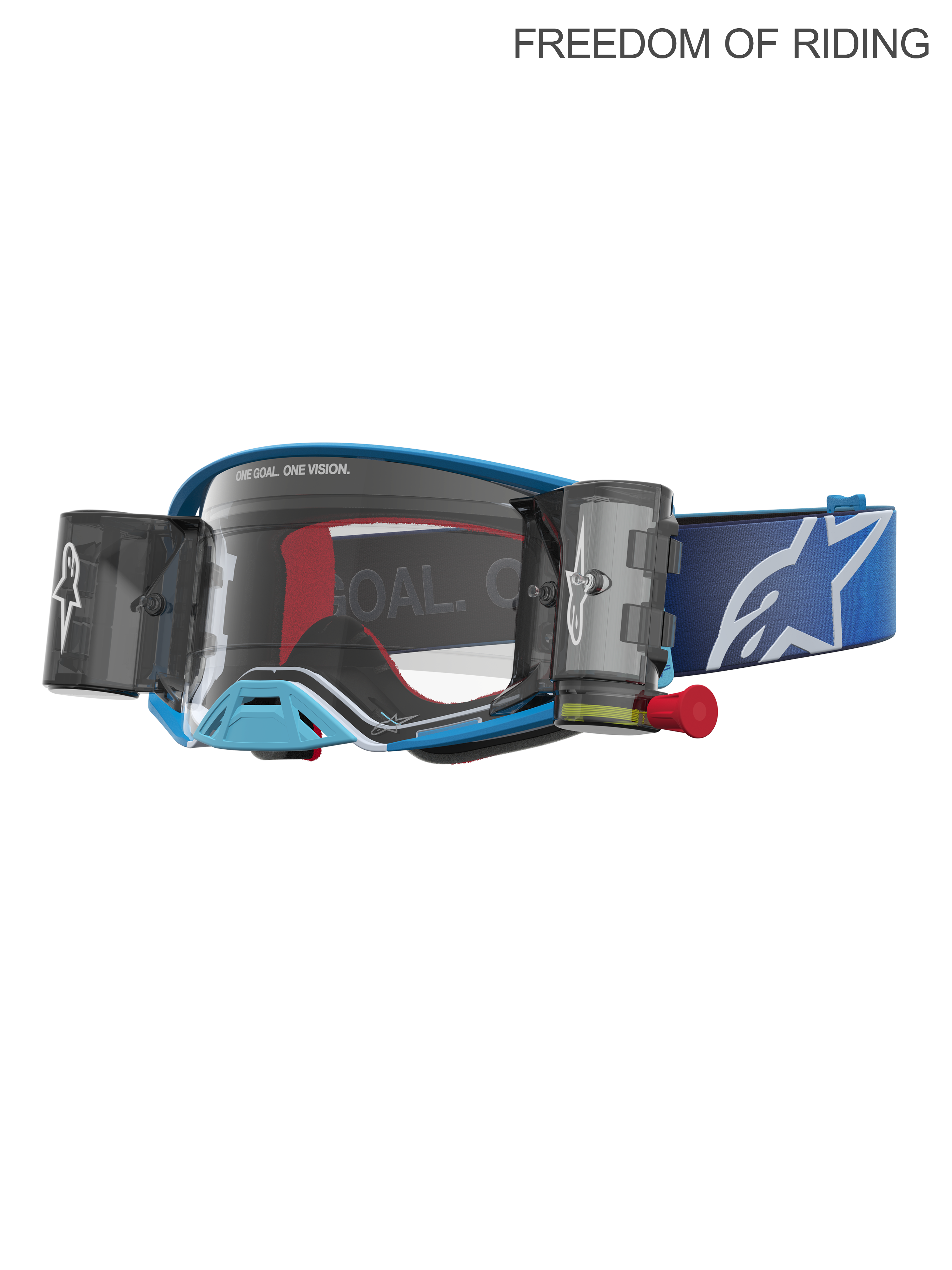 Alpinestars Supertech Firma Roll-Off Schutzbrille, Motocross- und Offroad-Rennsportbrille, Blau und Silber, Unisex, mit integrierten Roll-Off-Kartuschen für klare Sicht, hochklare Polycarbonat-Scheibe und breites blaues verstellbares Brillenband mit weißem Logo. Entwickelt für Supercross und erstklassige Motocross-Leistung.