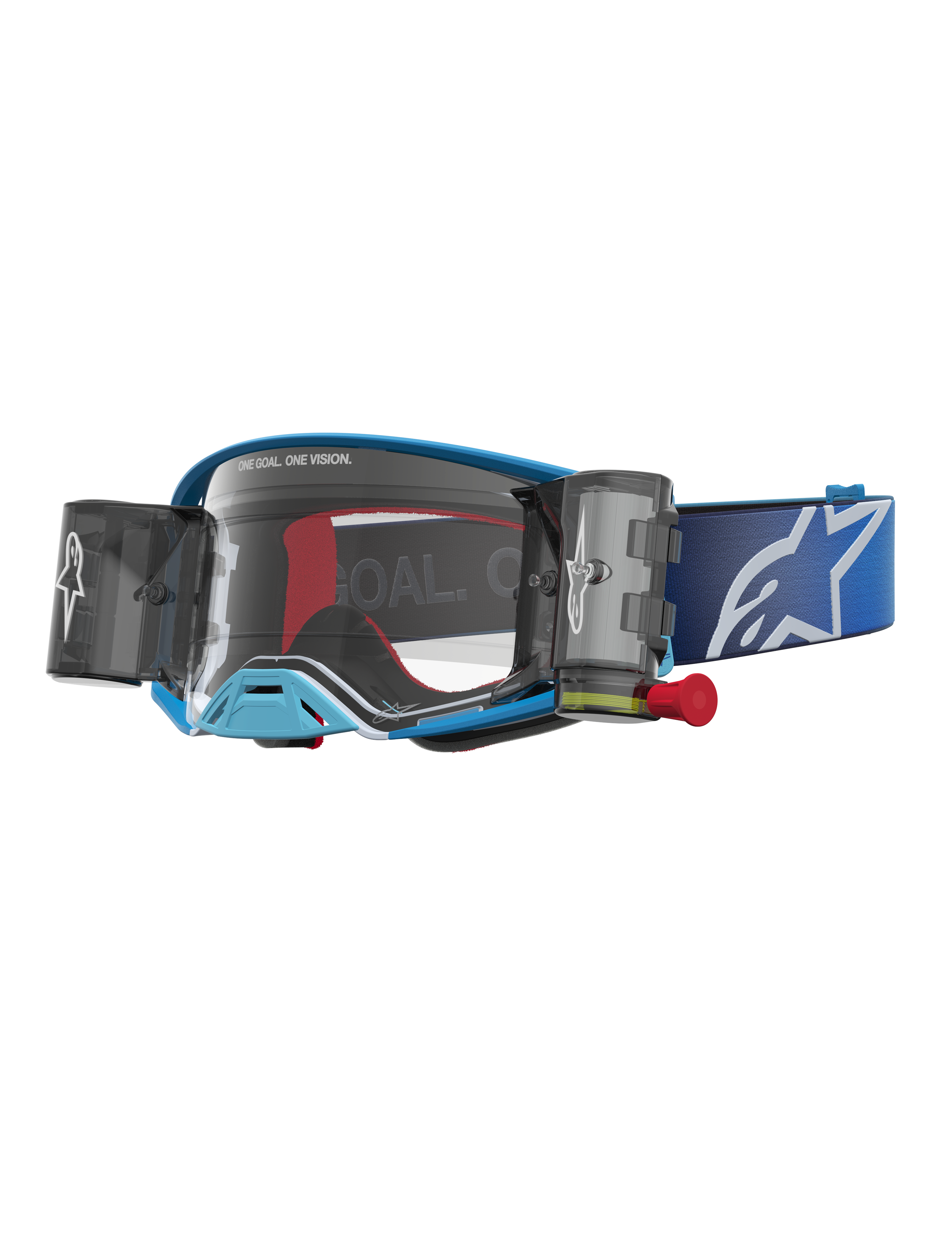 Alpinestars Supertech Firma Roll-Off Schutzbrille, blaue Motocross-Brille mit klarer Linse und Roll-Off-Kartuschen.
