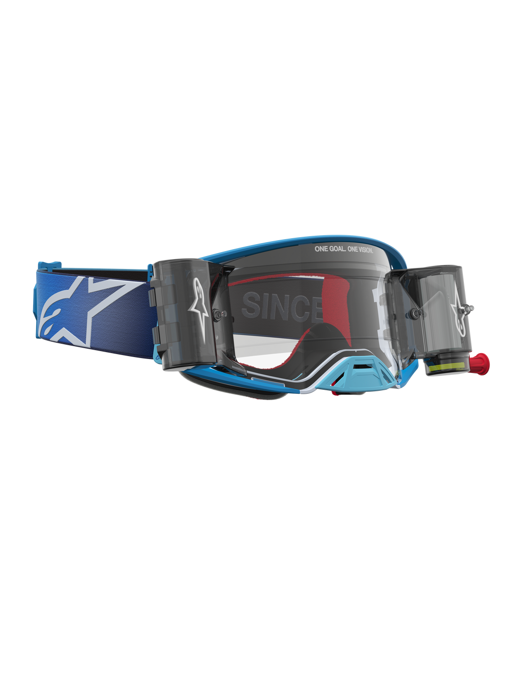 Alpinestars Masque Supertech Firma Roll Off, masque de motocross bleu et argenté avec écran clair et système roll-off