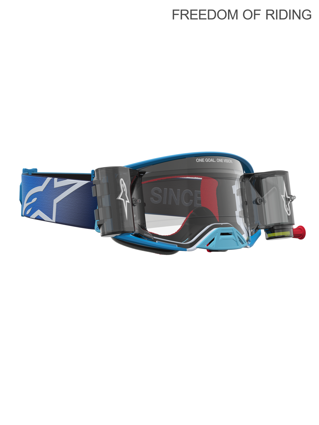 Alpinestars Supertech Firma Roll Off veiligheidsbril, motorcross en off-road racing, unisex, blauw en zilver, heldere lens, voorzien van een geïntegreerd roll-off systeem voor helder zicht in modder en stof