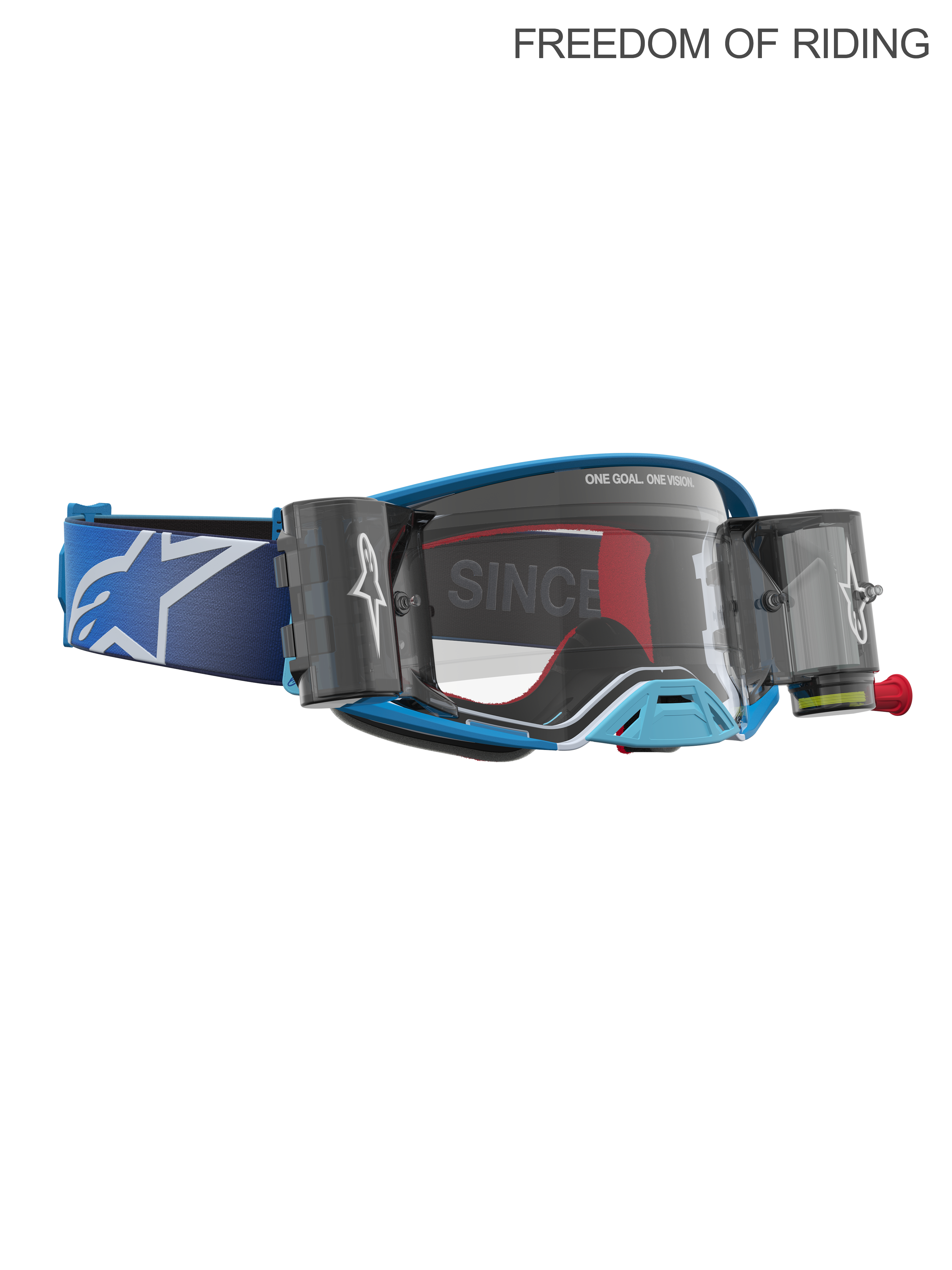 Alpinestars Supertech Firma Roll Off veiligheidsbril, motorcross en off-road racing, unisex, blauw en zilver, heldere lens, voorzien van een geïntegreerd roll-off systeem voor helder zicht in modder en stof