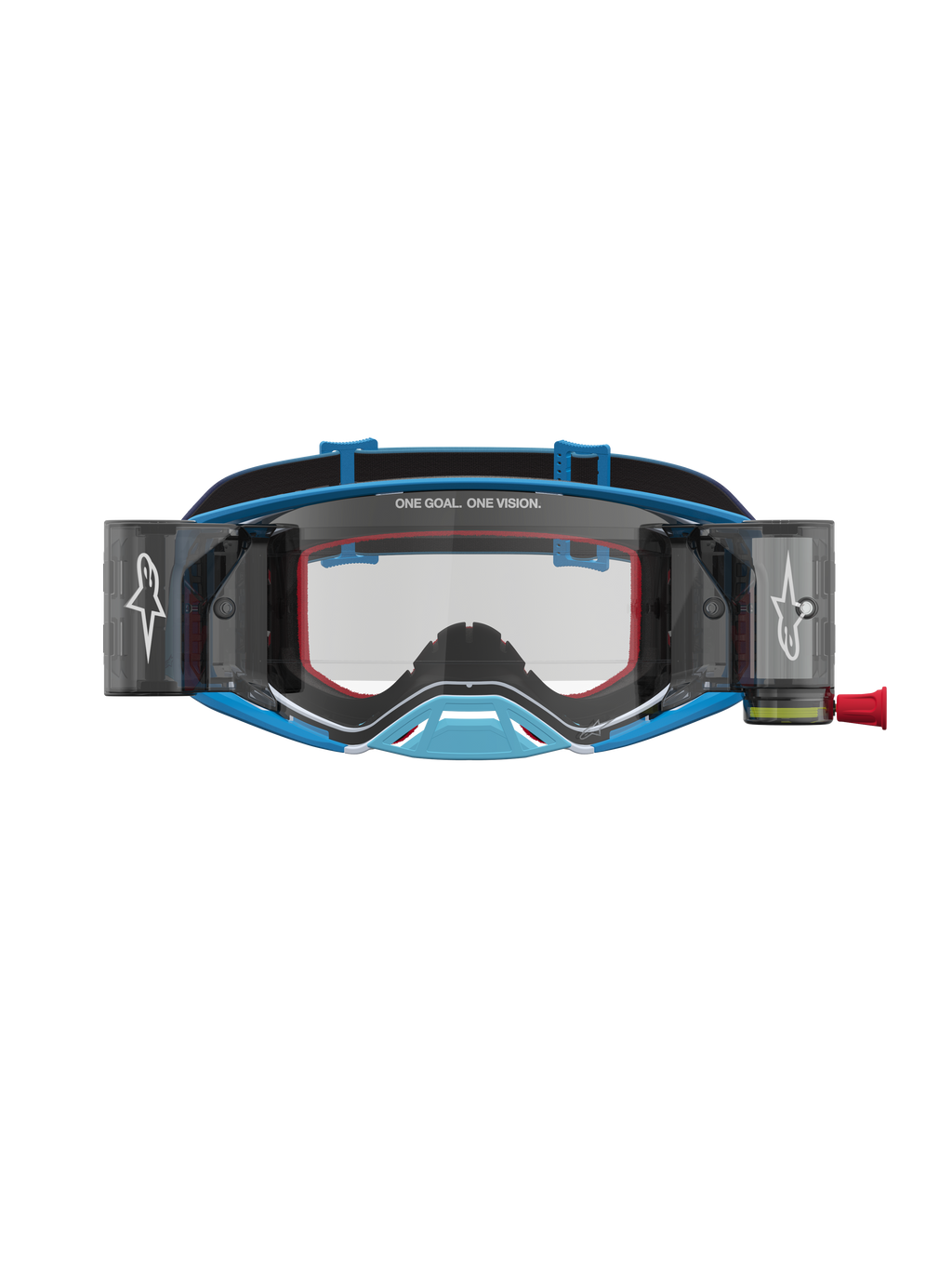 Masque Alpinestars Supertech Firma Roll Off bleu et argent, équipement de motocross avec système roll-off intégré.