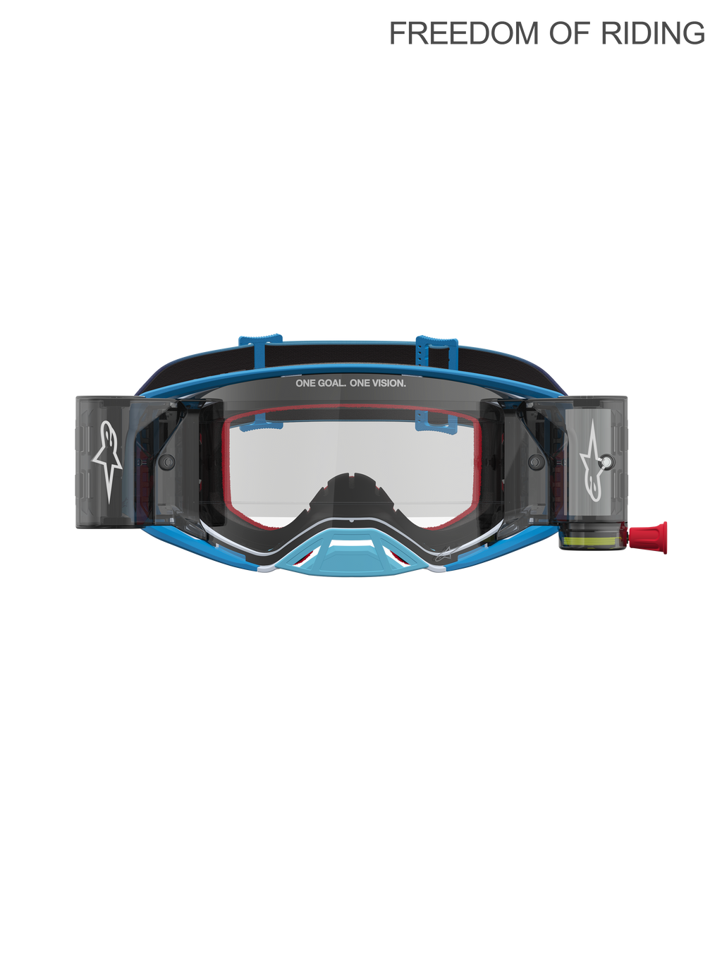 Alpinestars Supertech Firma Roll Off veiligheidsbril, professionele motocross- en off-roadbril, blauw en zilver, met geïntegreerd roll-off systeem voor helder zicht, polycarbonaat lens met hoge helderheid en vochtregulerend frame voor supercross en enduro.