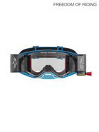 Alpinestars Supertech Firma Roll Off veiligheidsbril, professionele motocross- en off-roadbril, blauw en zilver, met geïntegreerd roll-off systeem voor helder zicht, polycarbonaat lens met hoge helderheid en vochtregulerend frame voor supercross en enduro.