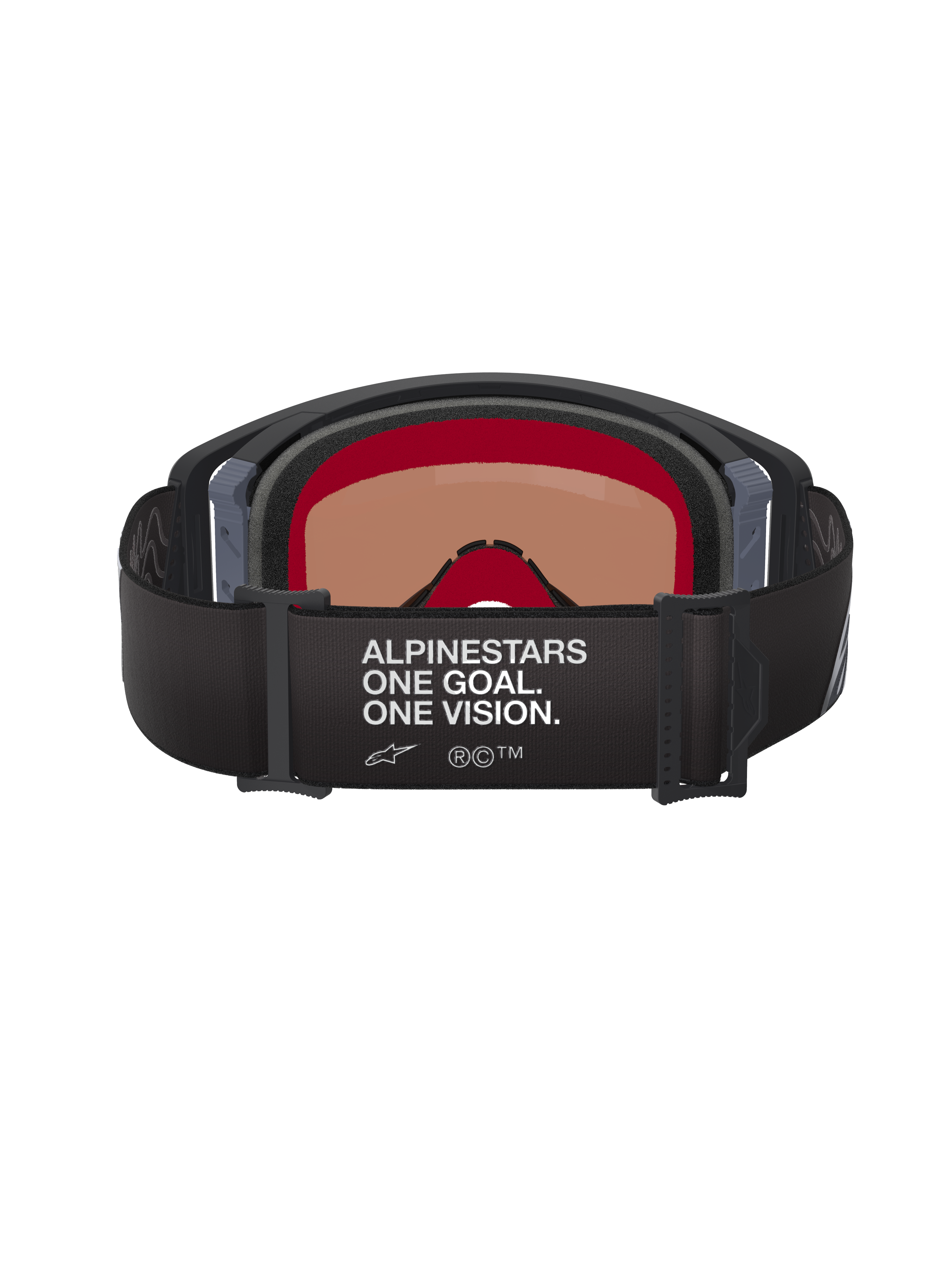 Alpinestars Supertech Corp Goggles Absolute Vision, Motocross Goggles, Black and Grey, rear view showing black adjustable strap with white 'ALPINESTARS ONE GOAL. ONE VISION.' text, warm-tinted lens, and multi-layer face foam.