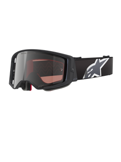 Alpinestars Supertech Corp Goggles Absolute Vision, Motocross Goggles, Black and Grey with Mirror Silver Lens, featuring an angular frame, adjustable black strap with a prominent white star logo, and multi-layer face foam for off-road performance.