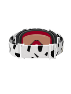 Rückansicht der Alpinestars Supertech Corp Goggles Absolute Vision, White Gold Mirror Gold, mit einem weißen Brillenband mit schwarzen abstrakten Mustern, weißen Verstellschnallen und mehrlagigem Gesichtsschaum für Motocross- und Offroad-Rennen.
