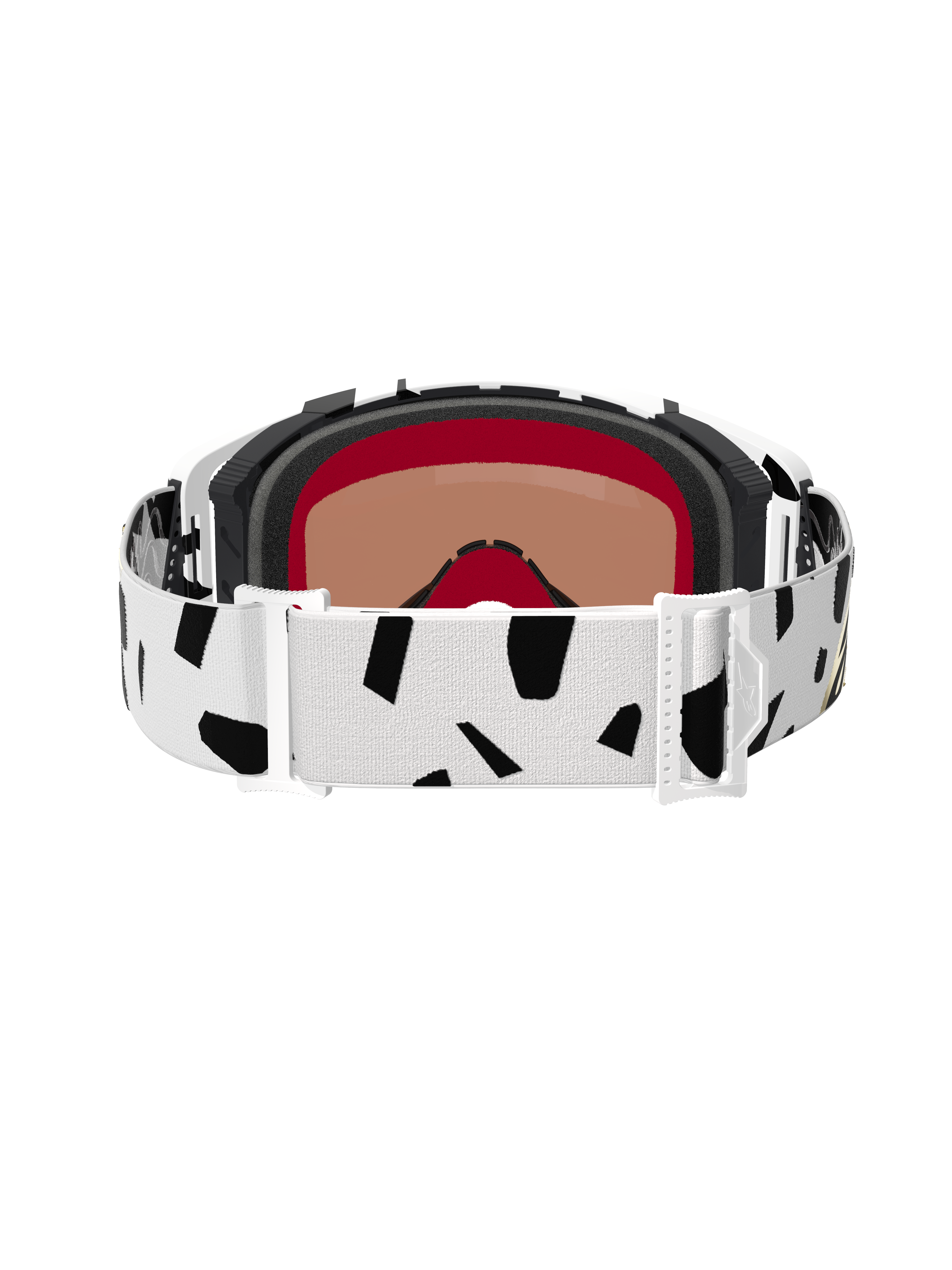 Rückansicht der Alpinestars Supertech Corp Goggles Absolute Vision, White Gold Mirror Gold, mit einem weißen Brillenband mit schwarzen abstrakten Mustern, weißen Verstellschnallen und mehrlagigem Gesichtsschaum für Motocross- und Offroad-Rennen.