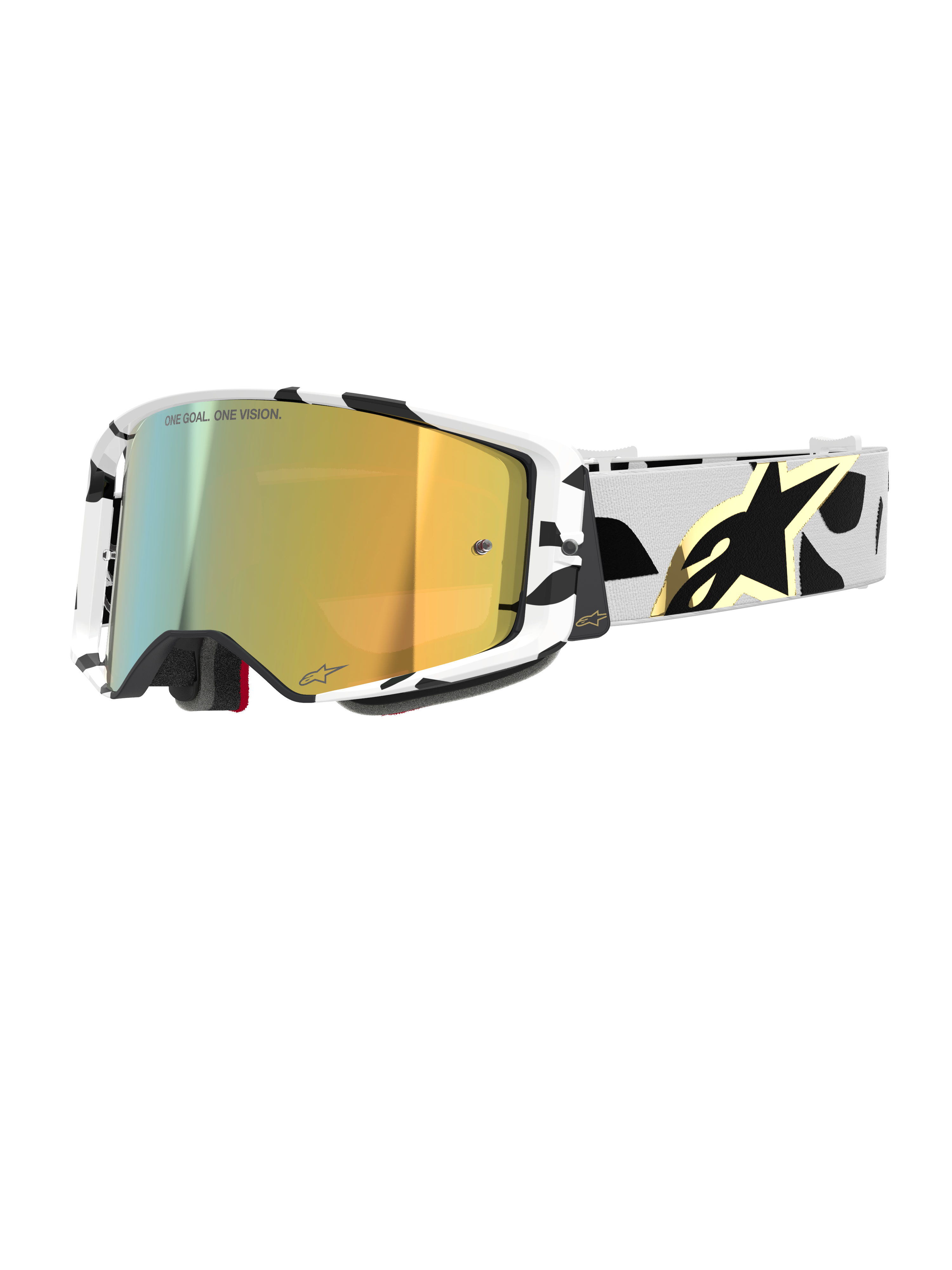 Alpinestars Supertech Corp Goggles Absolute Vision, Motocross-Brille, weiß-schwarz gemusterter Rahmen mit gold verspiegelter Linse, breites Band mit schwarzem abstraktem Design und goldenem Alpinestars-Logo, "ONE GOAL. ONE VISION." Schriftzug auf der Linse, Hochleistungs-Rennausrüstung